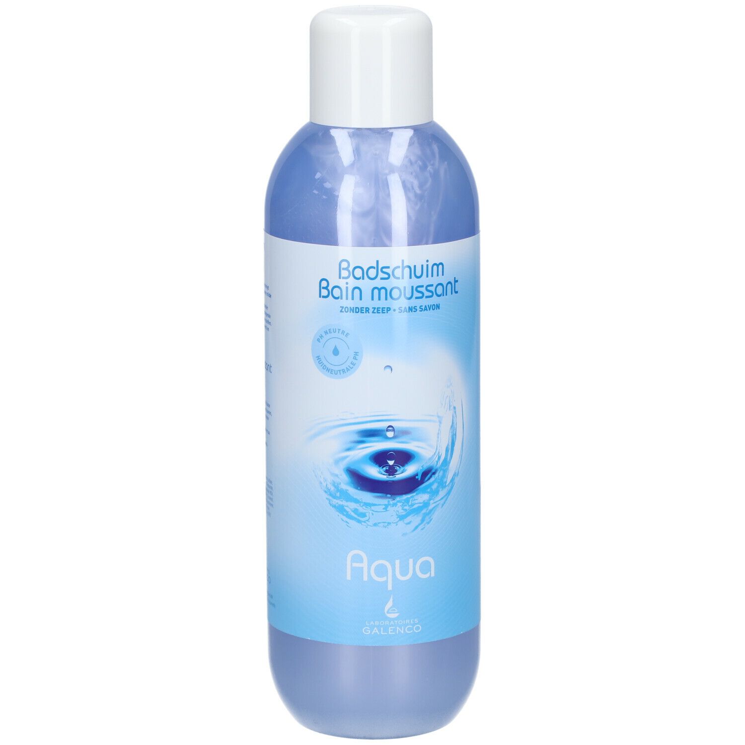 Flacon bleu avec bouchon blanc. Inscription : Bains moussants, Aqua, Galenco. Illustration d'eau.
