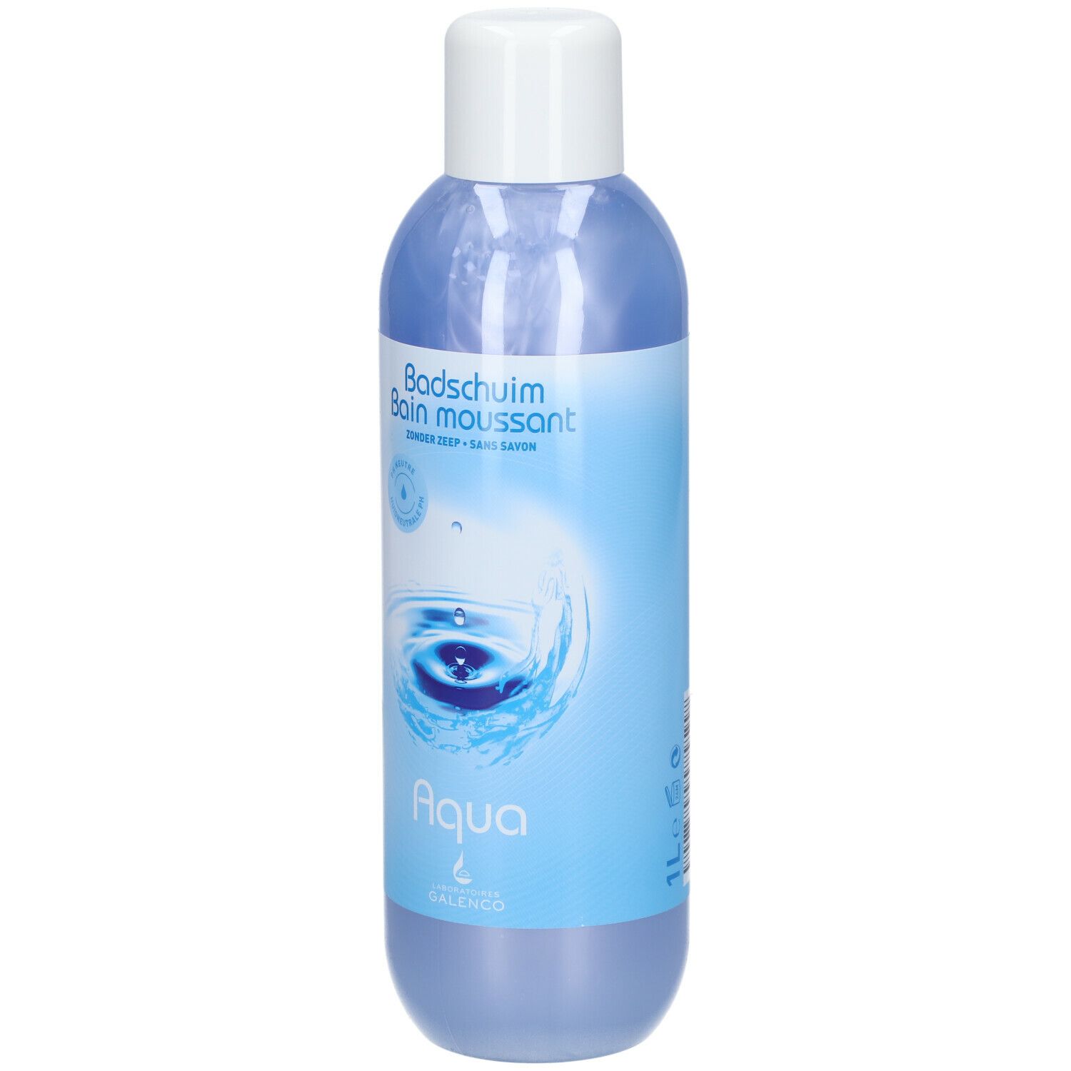 Flacon bleu avec bouchon blanc. Inscription : Bains moussants, Aqua, Galenco. Illustration d'eau.