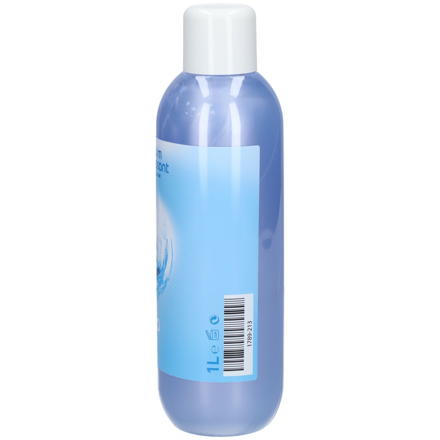 Flacon bleu avec bouchon blanc. Inscription : Bains moussants, Aqua. Texte et code-barres au dos.