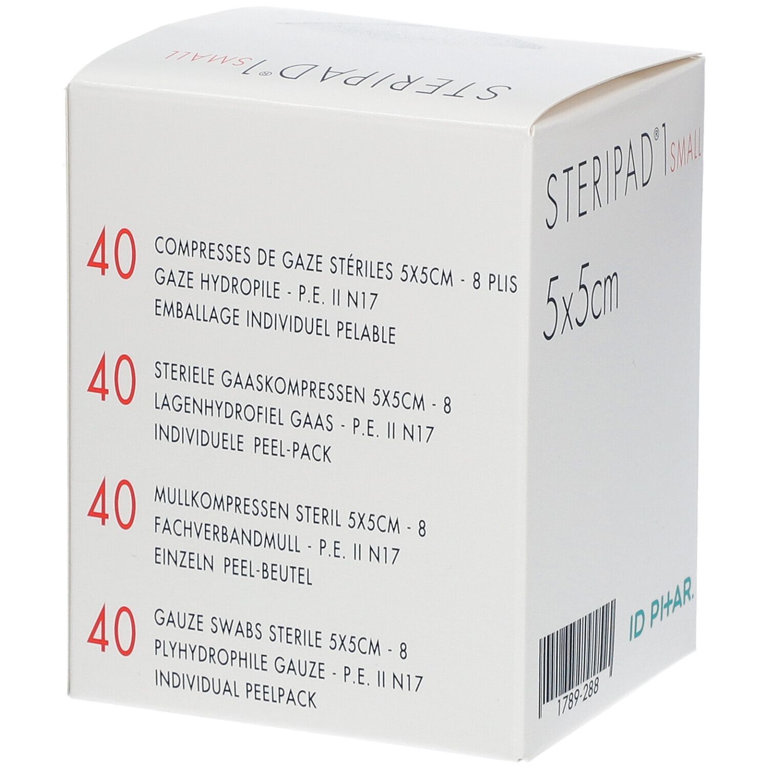 Emballage Steripad 1 Small, 5x5cm. Texte avec 40 compresses en plusieurs langues. Logo ID PHAR.
