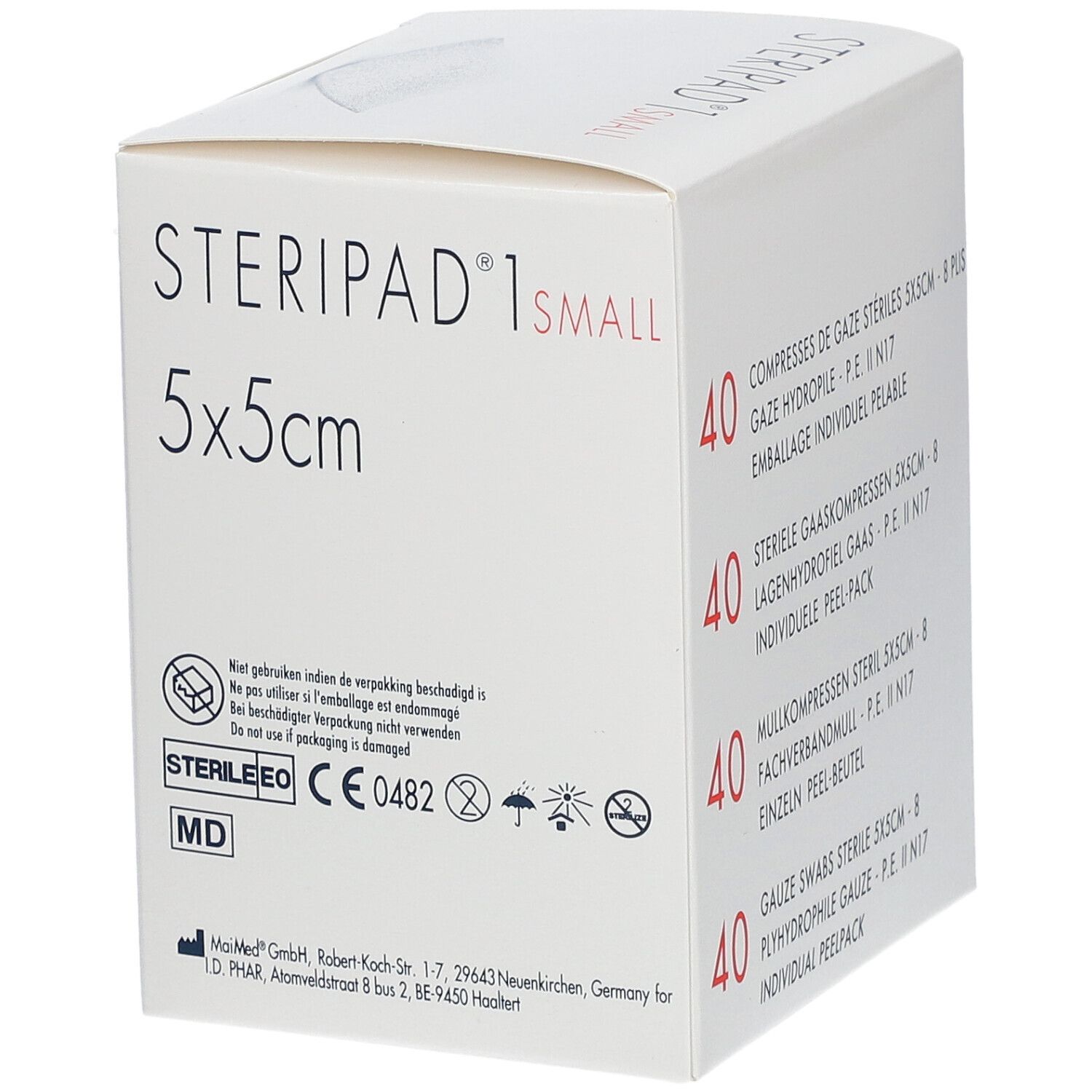 Emballage Steripad 1 Small, 5x5cm. Informations produit et symboles de sécurité. Logo ID PHAR.