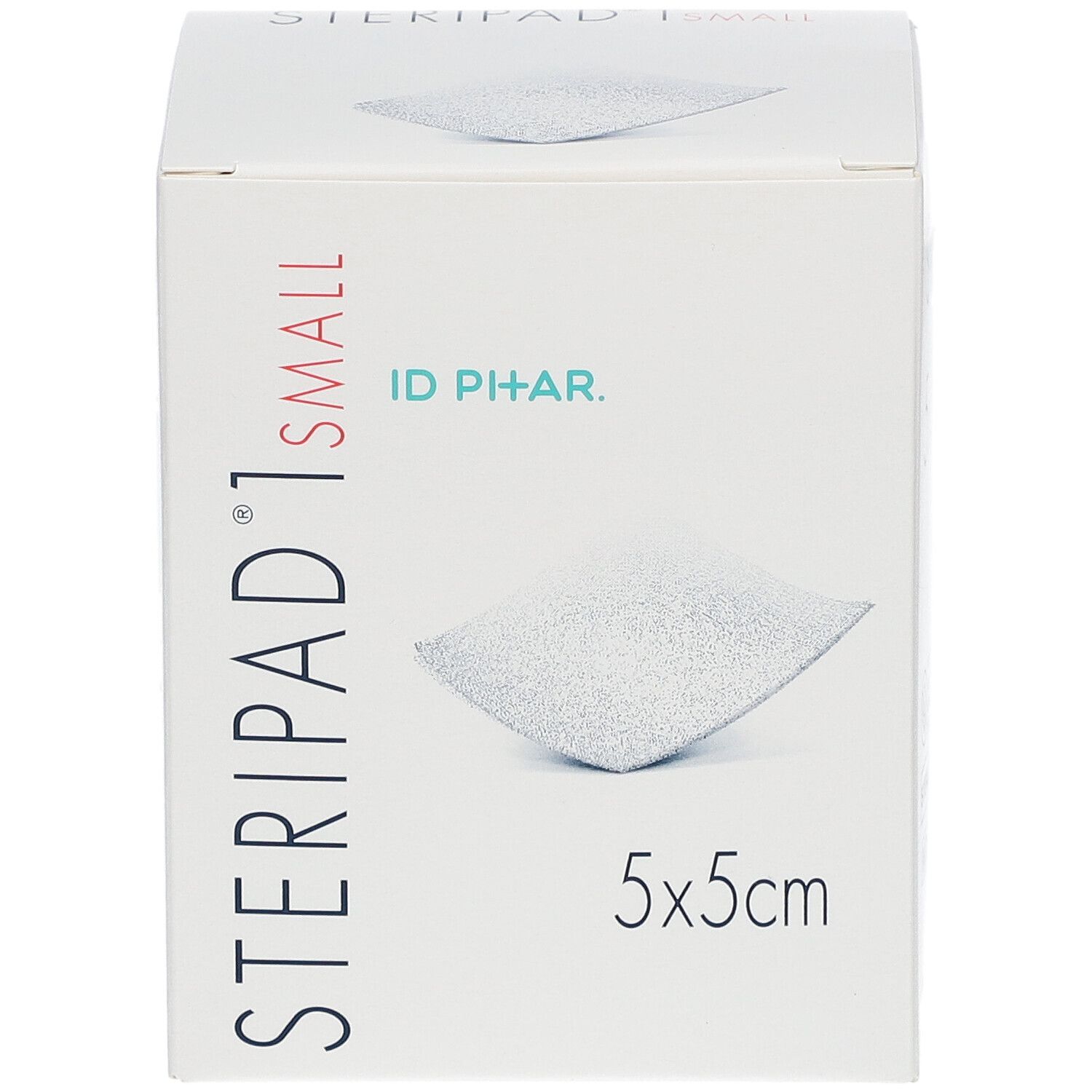 Emballage Steripad 1 Small, 5x5cm. Un tampon est visible. Logo ID PHAR et informations produit.