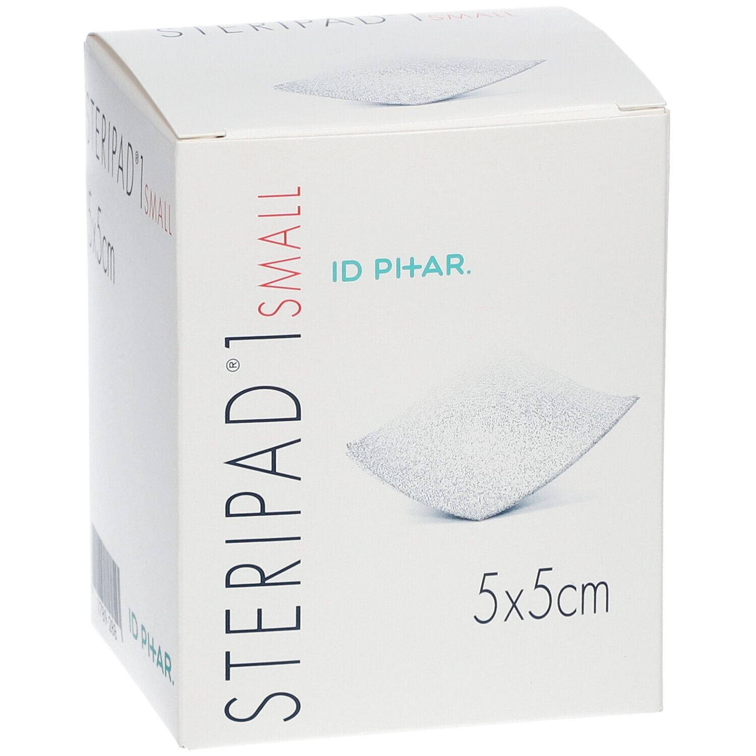 Emballage Steripad 1 Small, 5x5cm. Un tampon est visible. Logo ID PHAR et informations produit.