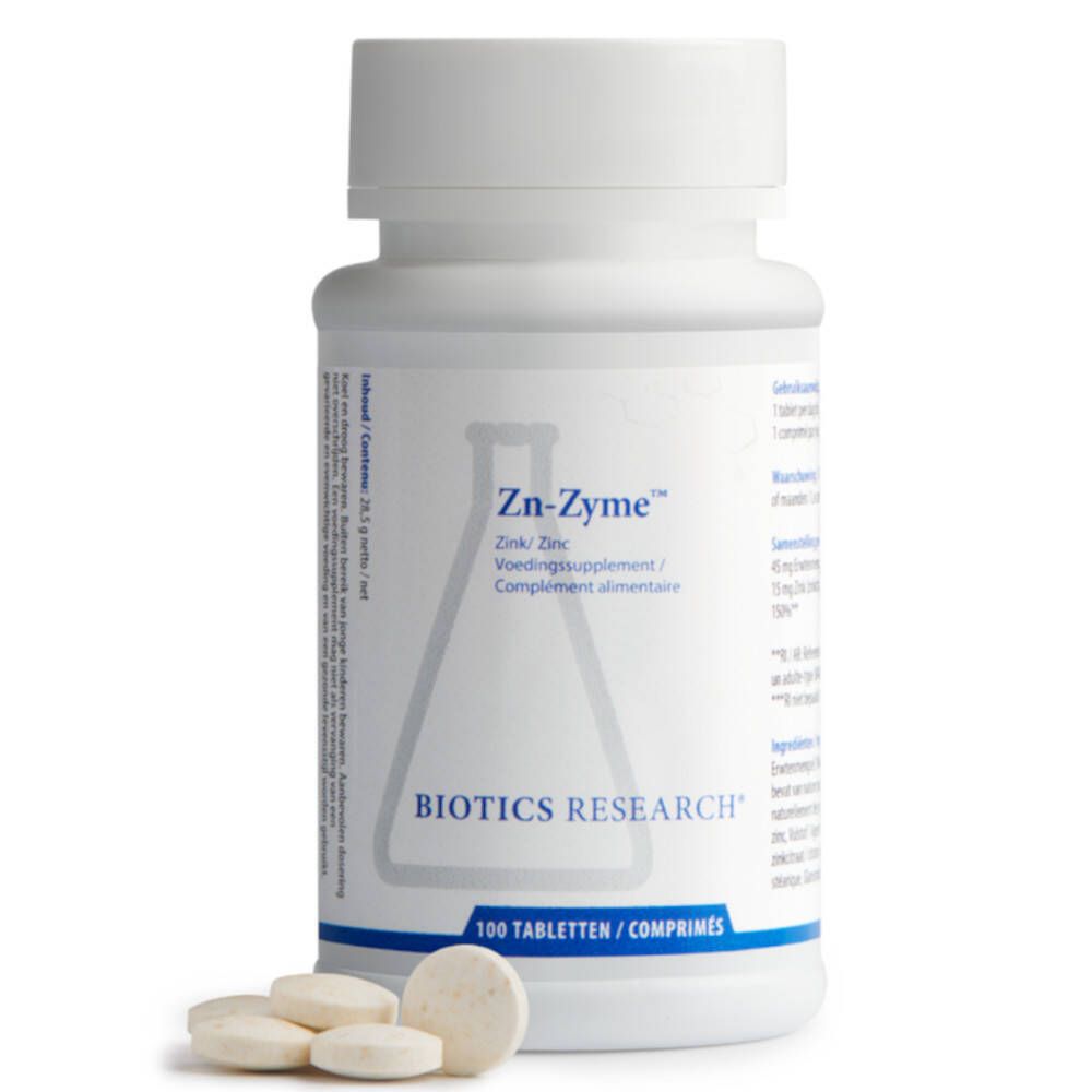 Witte fles met Zn-Zyme tabletten en tabletten ernaast. Opschrift: Zn-Zyme, Zink, Biotics Research. 100 tabletten.