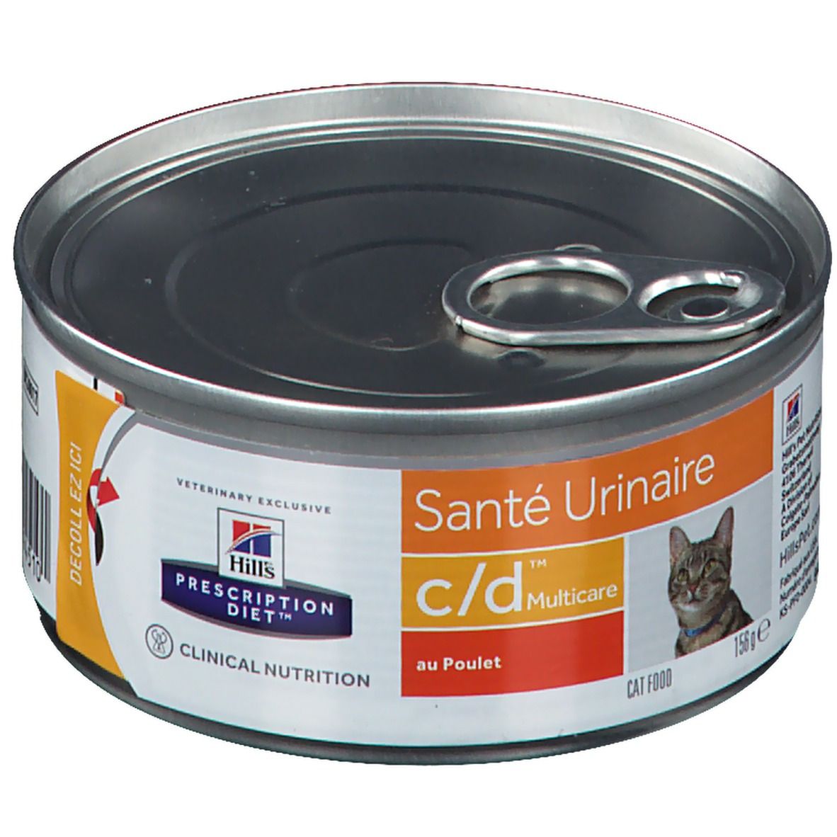 Boîte de nourriture pour chats avec étiquette. Inscription : Santé Urinaire c/d Multicare au Poulet. Marque : Hills Prescription Diet.