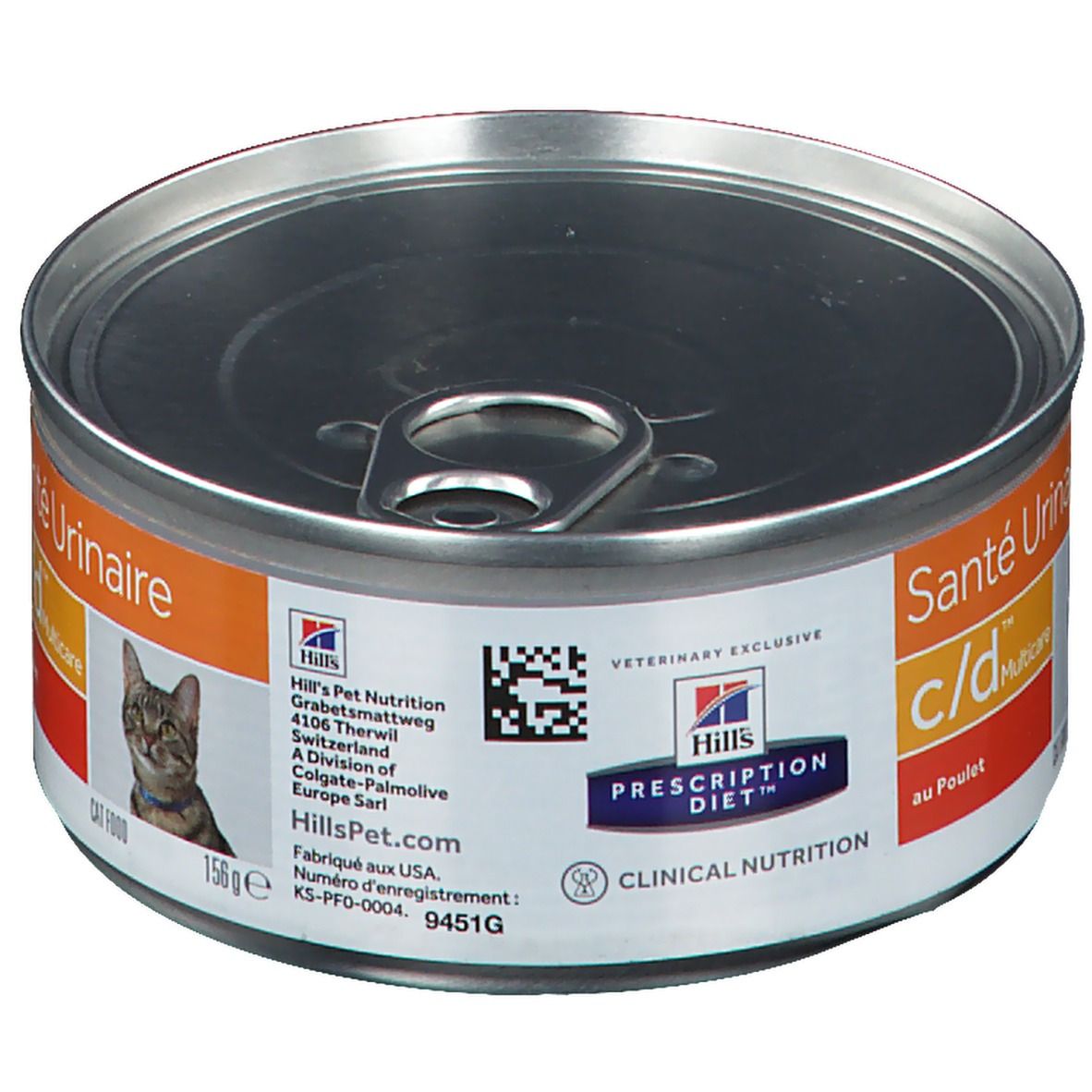 Boîte de nourriture pour chats avec étiquette. Inscription : Santé Urinaire c/d Multicare au Poulet. Marque : Hills Prescription Diet. Avec code QR.