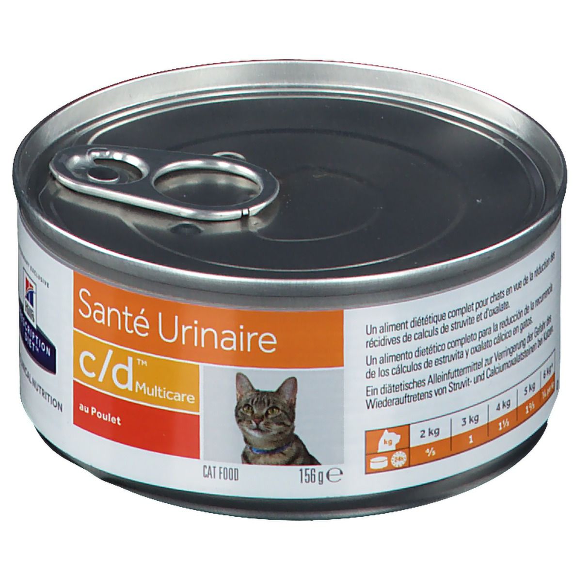 Boîte de nourriture pour chats avec étiquette. Inscription : Santé Urinaire c/d Multicare au Poulet. Marque : Hills Prescription Diet. Avec recommandations.