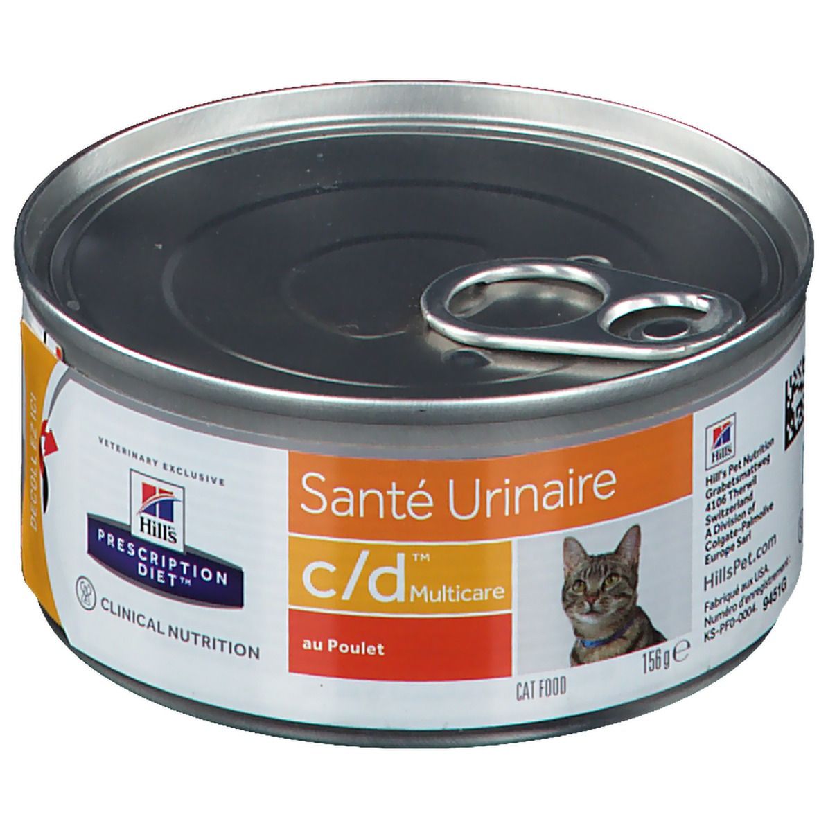 Boîte de nourriture pour chats avec étiquette. Inscription : Santé Urinaire c/d Multicare au Poulet. Marque : Hills Prescription Diet.