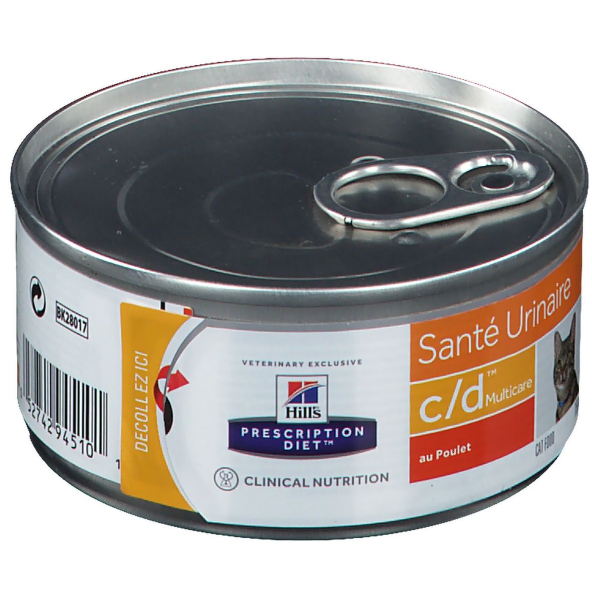 Boîte de nourriture pour chats avec étiquette. Inscription : Santé Urinaire c/d Multicare au Poulet. Marque : Hills Prescription Diet. Avec code-barres.