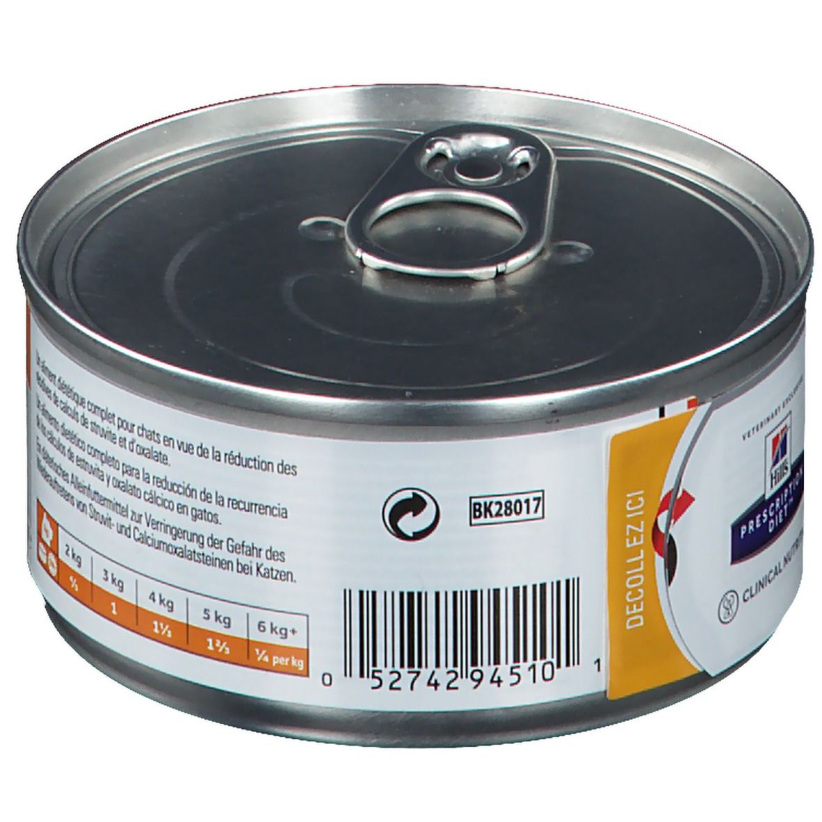Boîte de nourriture pour chats avec étiquette. Inscription : Santé Urinaire c/d Multicare au Poulet. Marque : Hills Prescription Diet. Avec code-barres et recommandations.