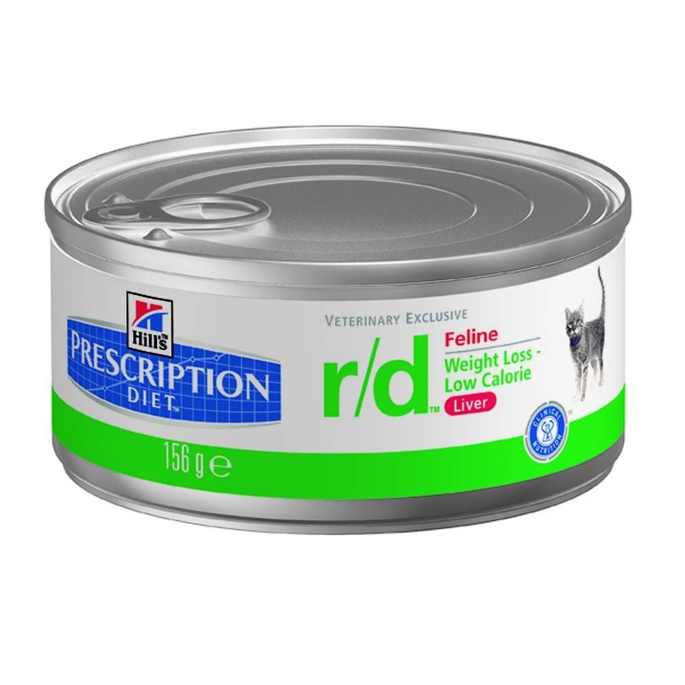 Boîte de nourriture pour chats ronde. Étiquette blanche avec bande verte. Inscription: Prescription Diet, r/d, Feline, Weight Loss, Low Calorie, Liver. 156 g.