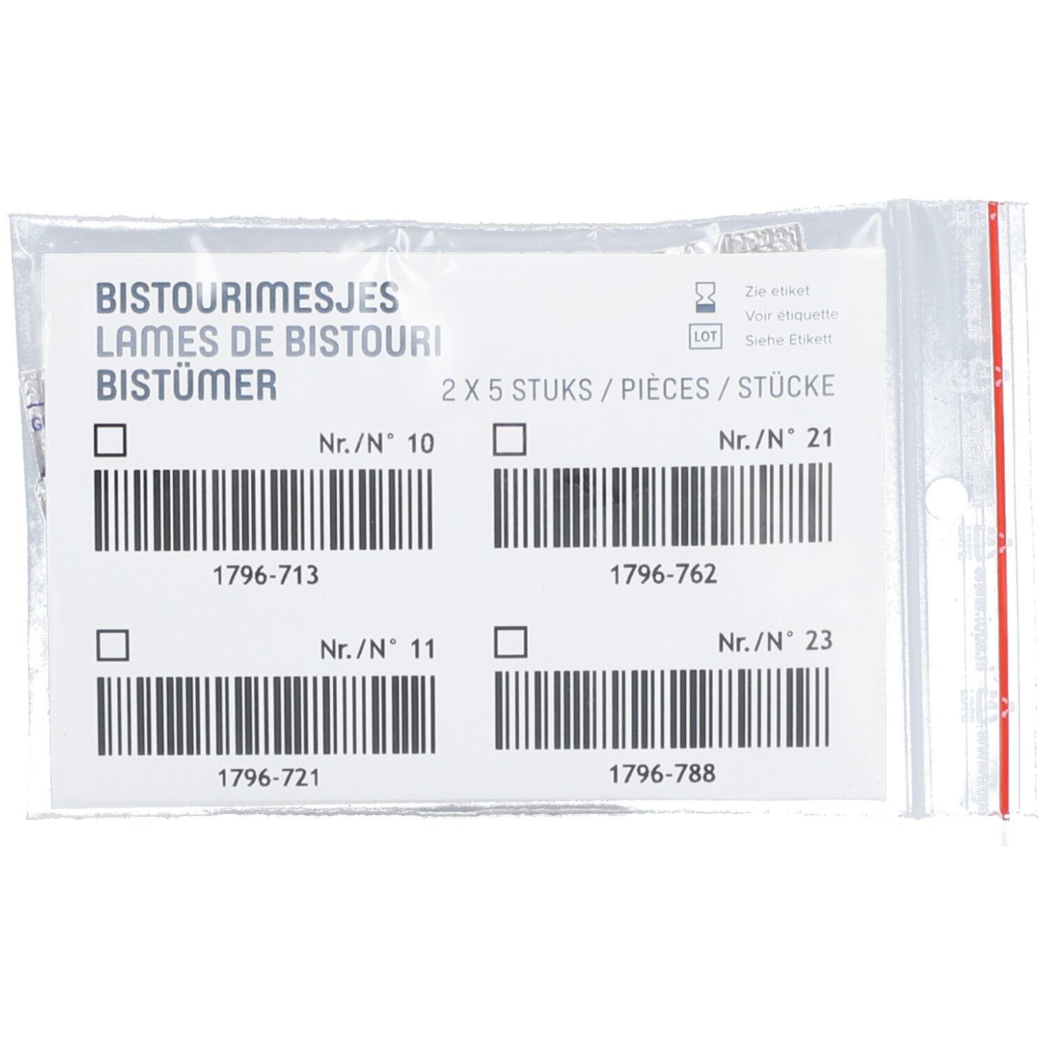 Emballage de lames de bistouri n° 10, 11, 21 et 23. Texte : 'Lames de bistouri'.