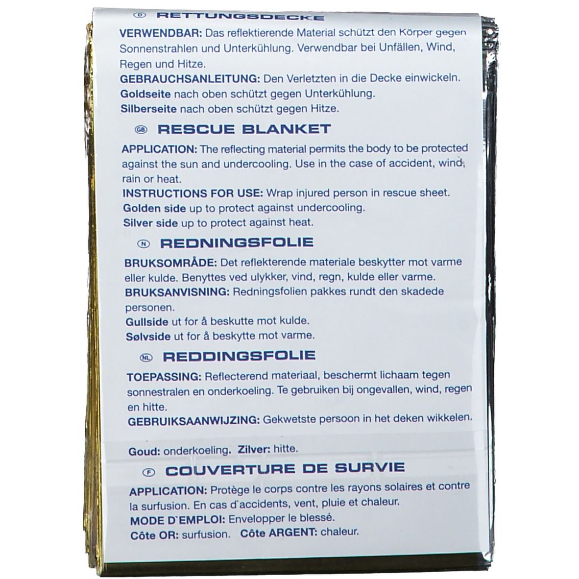 Dos de l'emballage de la couverture de survie. Texte multilingue. Instructions et informations sur le produit.