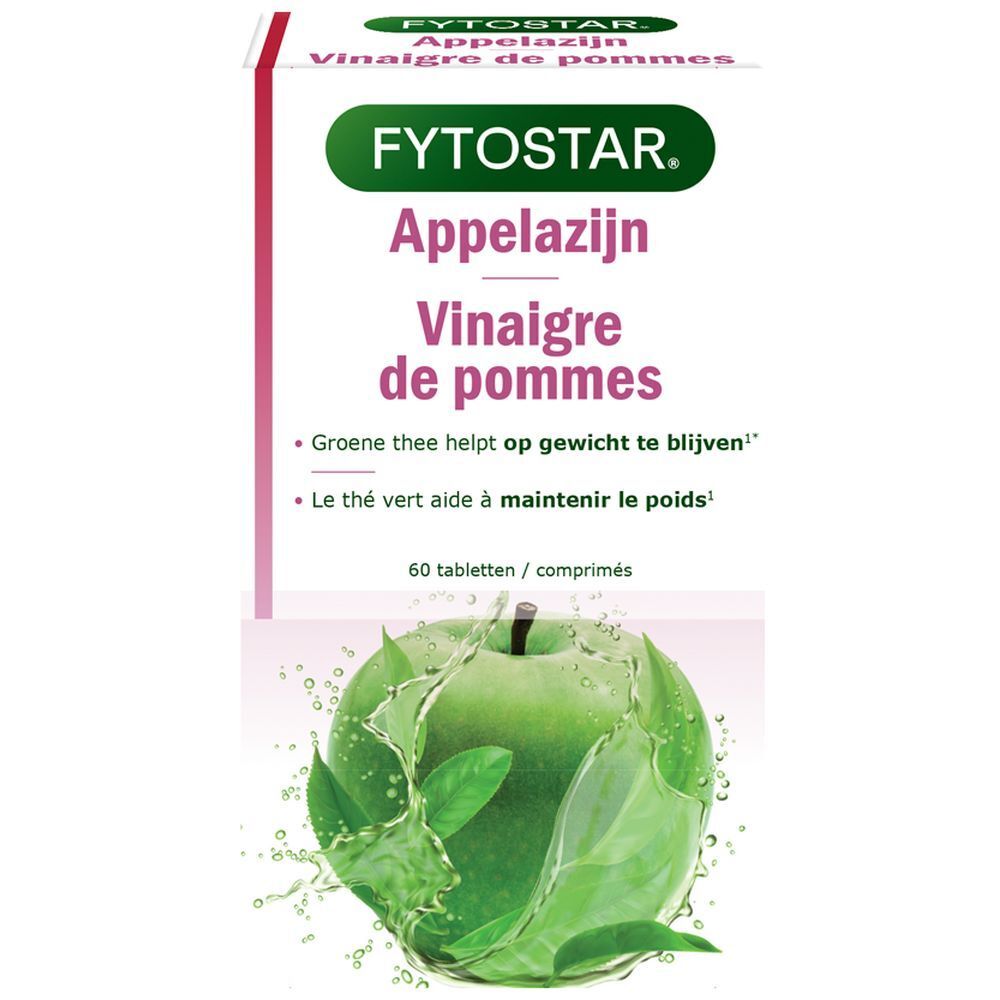 Boîte Fytostar Appelsijn Vinaigre de pommes. Texte et illustration de pomme verte. 60 comprimés.