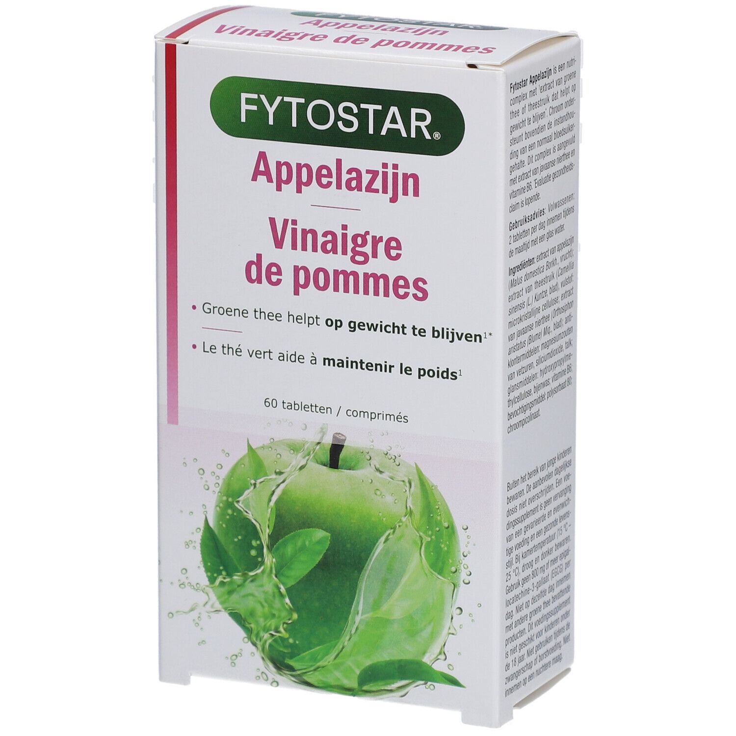 Boîte Fytostar Appelsijn Vinaigre de pommes. Texte et illustration de pomme verte. 60 comprimés.