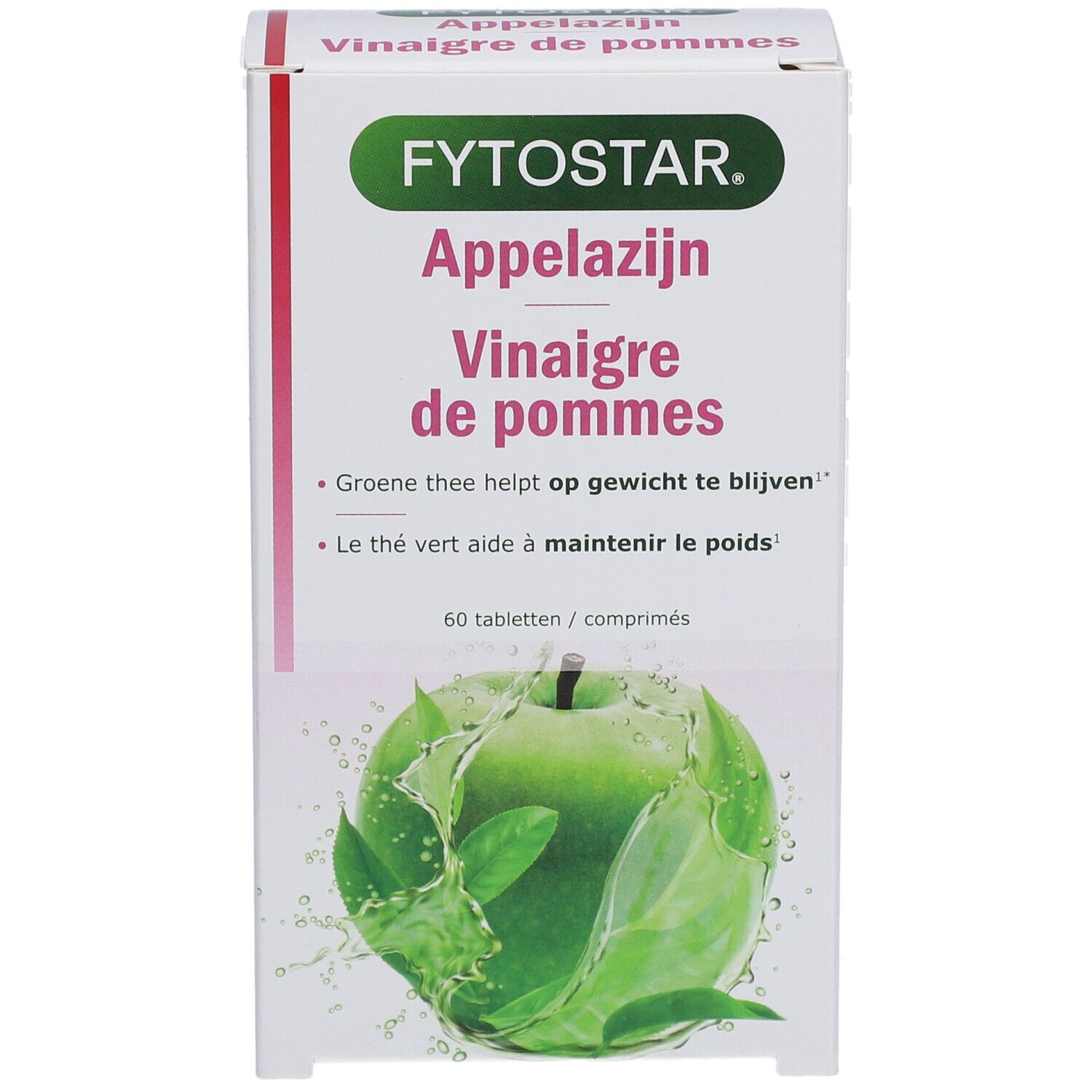 Boîte Fytostar Appelsijn Vinaigre de pommes. Texte et illustration de pomme verte. 60 comprimés.