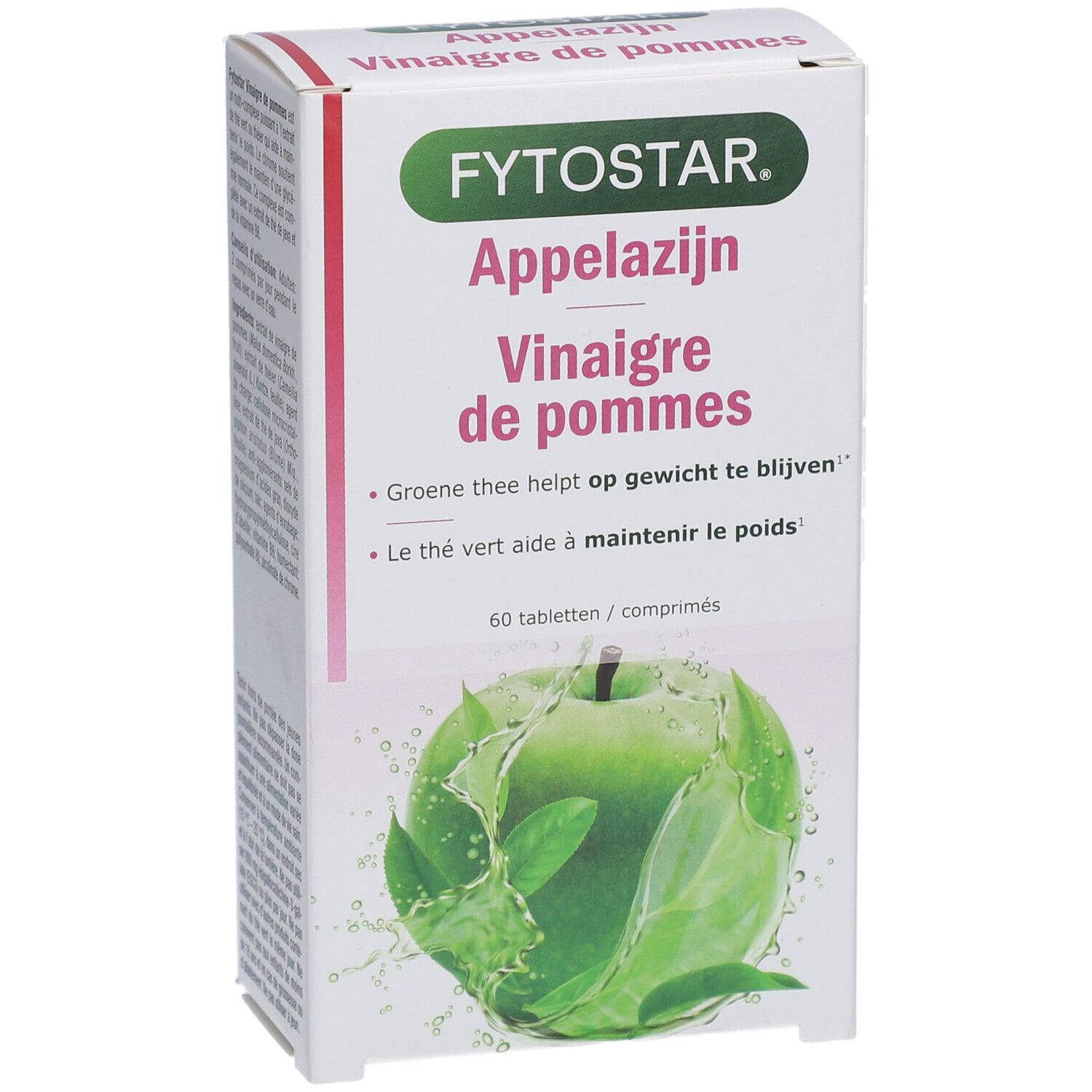 Boîte Fytostar Appelsijn Vinaigre de pommes. Texte et illustration de pomme verte. 60 comprimés.