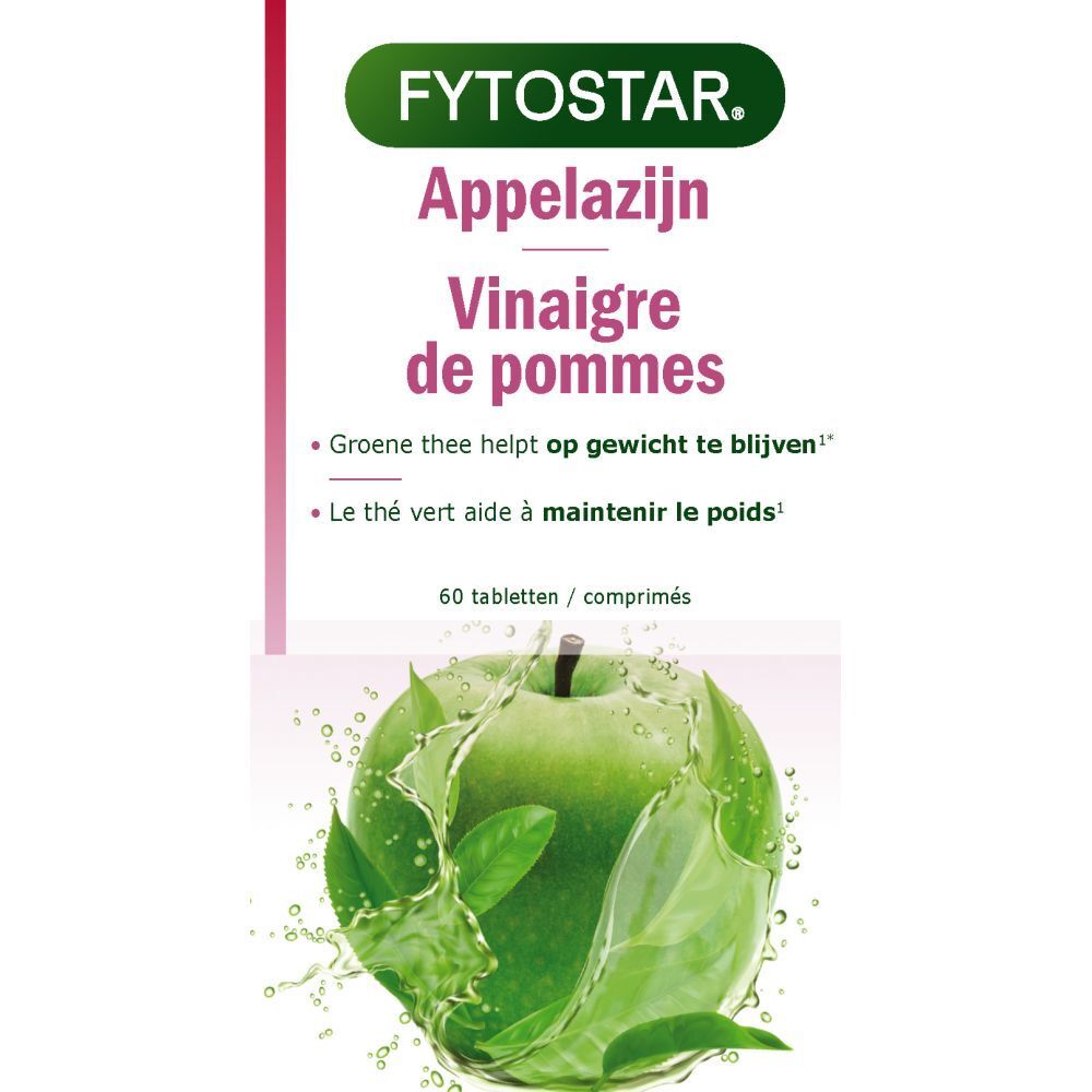 Boîte Fytostar Appelsijn Vinaigre de pommes. Texte et illustration de pomme verte. 60 comprimés.
