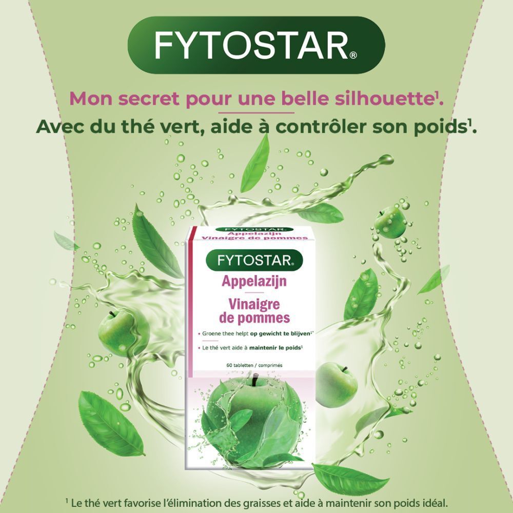 Boîte Fytostar Appelsijn Vinaigre de pommes. Texte et illustration de pomme verte. 60 comprimés.