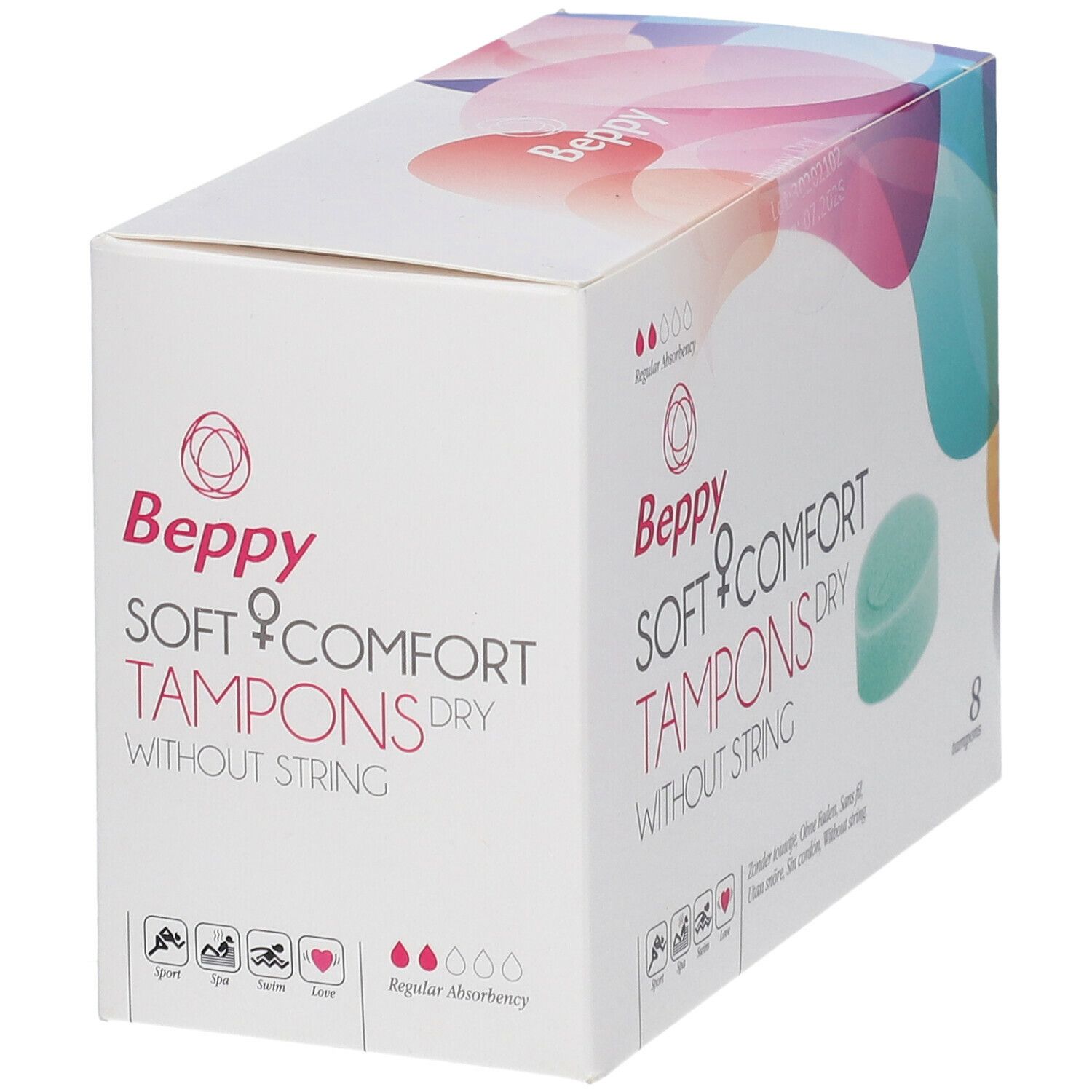 Verpakking Beppy Soft & Comfort Tampons Dry zonder touwtje. Bevat 8 tampons. Opschrift: Regular Absorbency.
