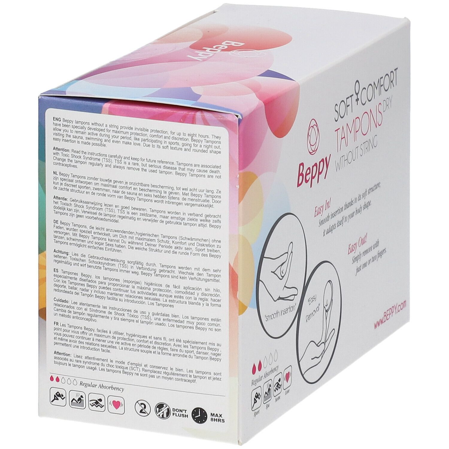 Verpakking Beppy Soft & Comfort Tampons Dry zonder touwtje. Bevat 8 tampons. Opschrift: Regular Absorbency.