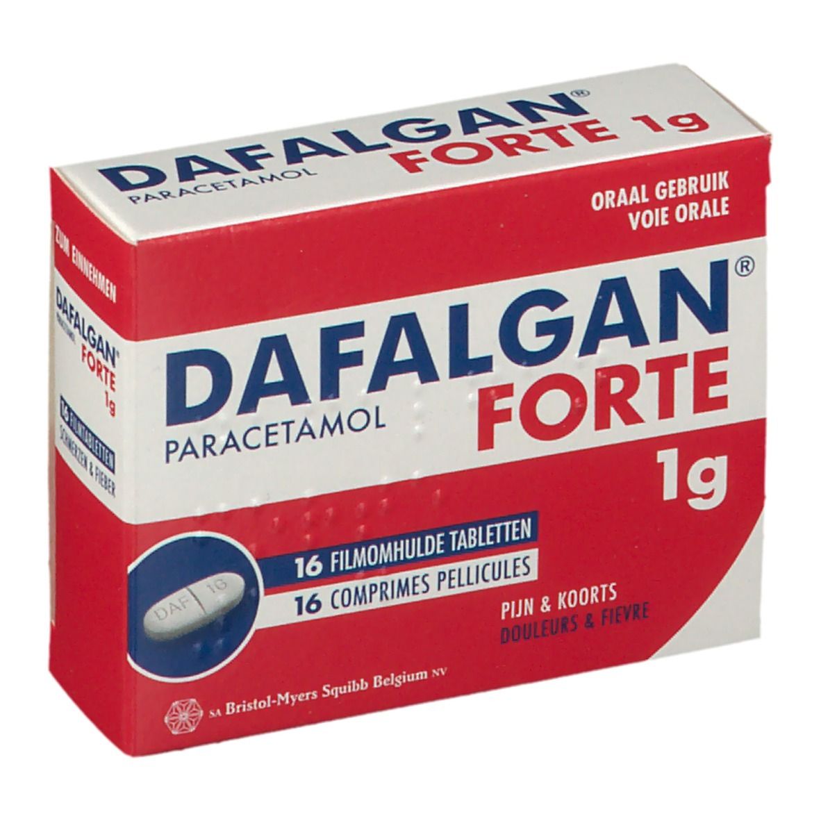 Boîte 'Dafalgan Forte 1g Paracétamol'. Emballage rouge et blanc. 16 comprimés pelliculés. Comprimé ovale visible.