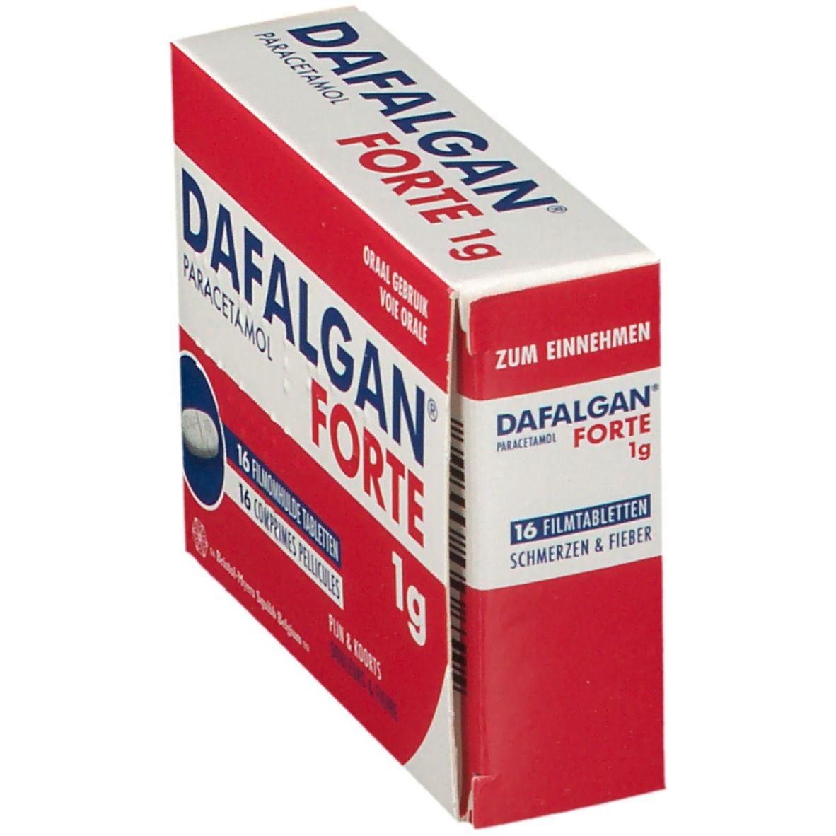 Boîte 'Dafalgan Forte 1g Paracétamol'. Emballage rouge et blanc. 16 comprimés pelliculés. Vue en biais.