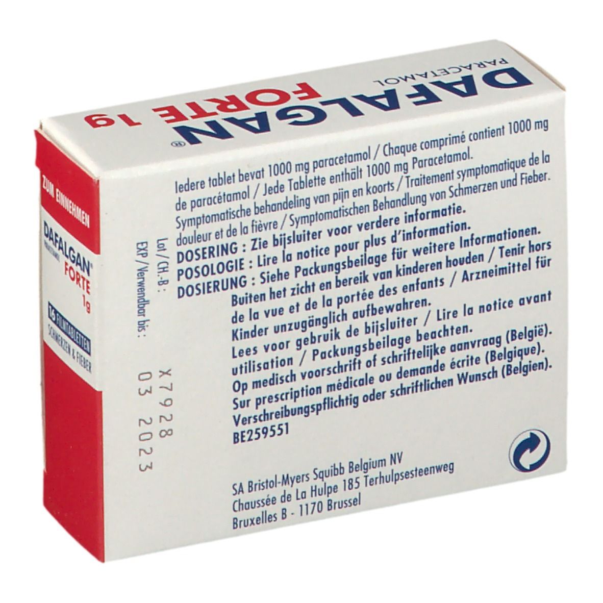 Dos de la boîte 'Dafalgan Forte 1g Paracétamol'. Texte multilingue. Instructions de dosage et avertissements.