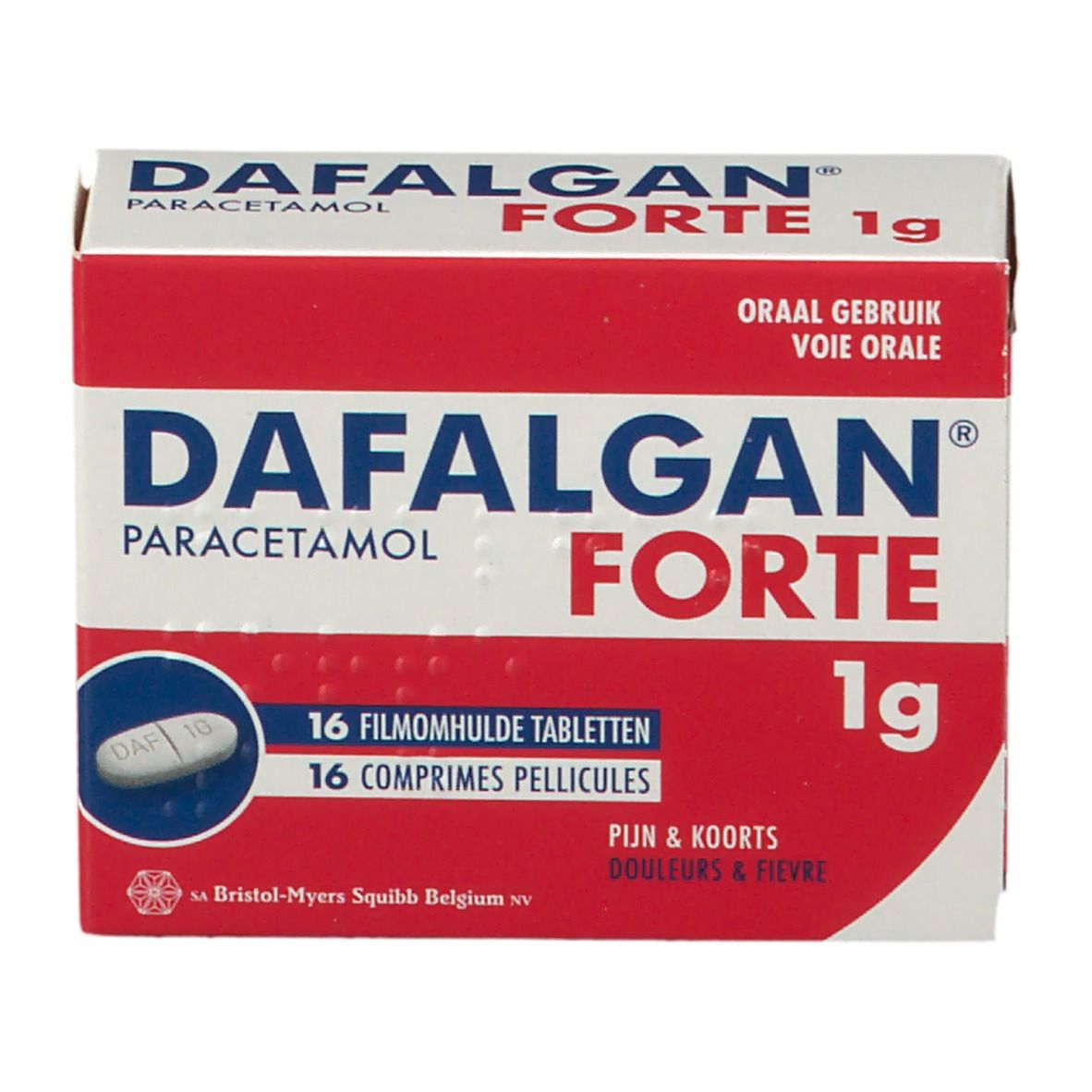 Boîte 'Dafalgan Forte 1g Paracétamol'. Emballage rouge et blanc. 16 comprimés pelliculés. Comprimé ovale visible.