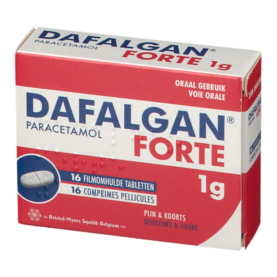 Boîte 'Dafalgan Forte 1g Paracétamol'. Emballage rouge et blanc. 16 comprimés pelliculés. Comprimé ovale visible.