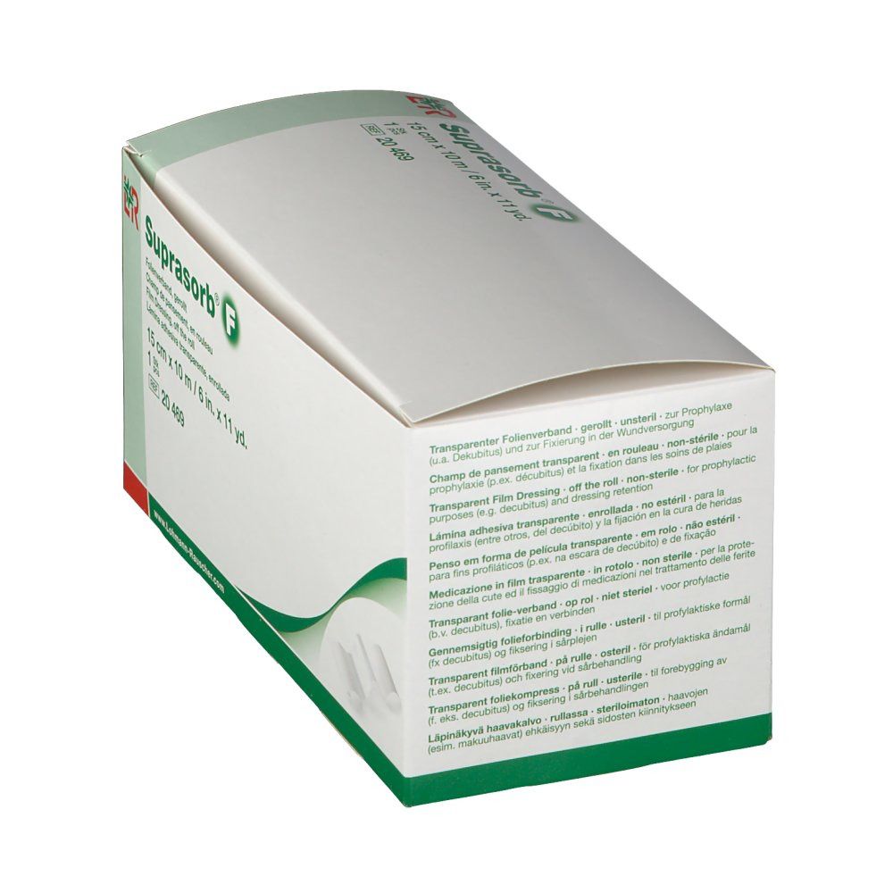 Boîte de pansement film Suprasorb F. Emballage blanc et vert avec informations produit et dimensions : 15 cm x 10 m.