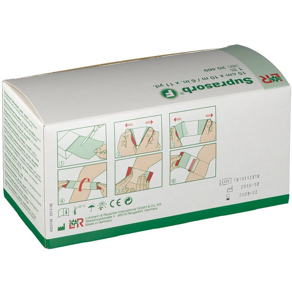 Emballage de pansement film Suprasorb F. Illustrations d'application. Dimensions : 15 cm x 10 m. Marquage CE.