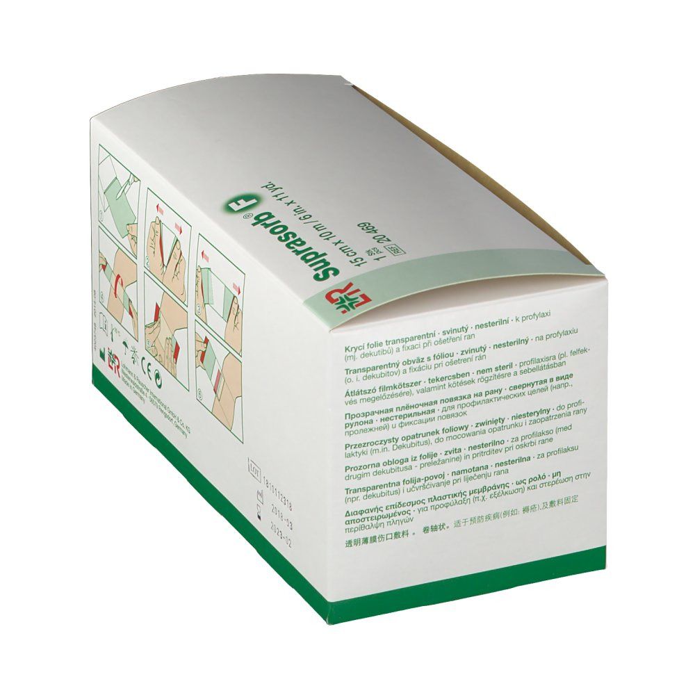 Emballage de pansement film Suprasorb F. Dos avec instructions d'utilisation et dimensions : 15 cm x 10 m.