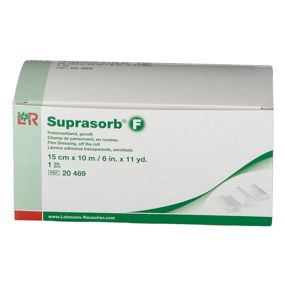 Boîte de pansement film Suprasorb F. Boîte blanche et verte avec nom du produit et dimensions : 15 cm x 10 m.