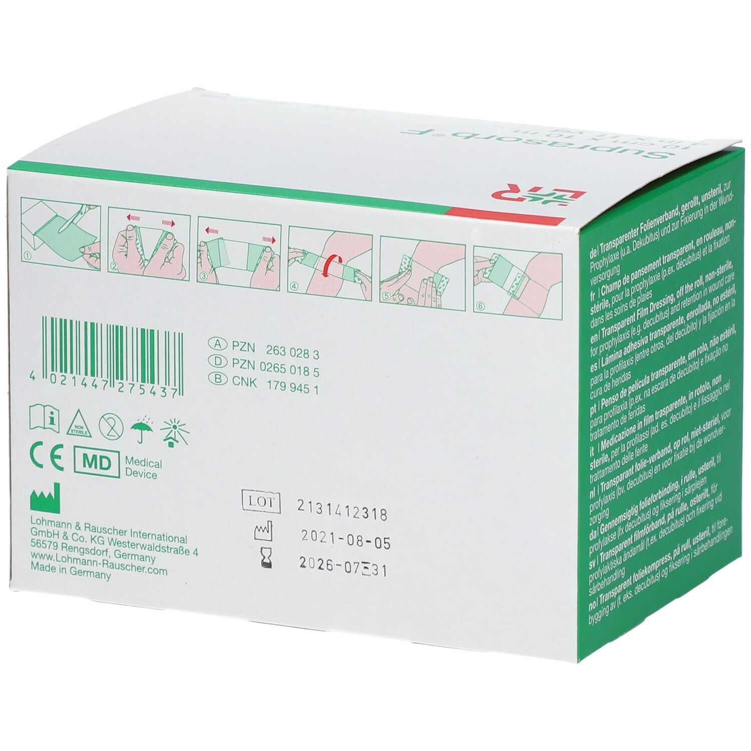 Dos de la boîte de Suprasorb F. Code-barres, marquage CE, dates de production et d'expiration. Carton blanc.