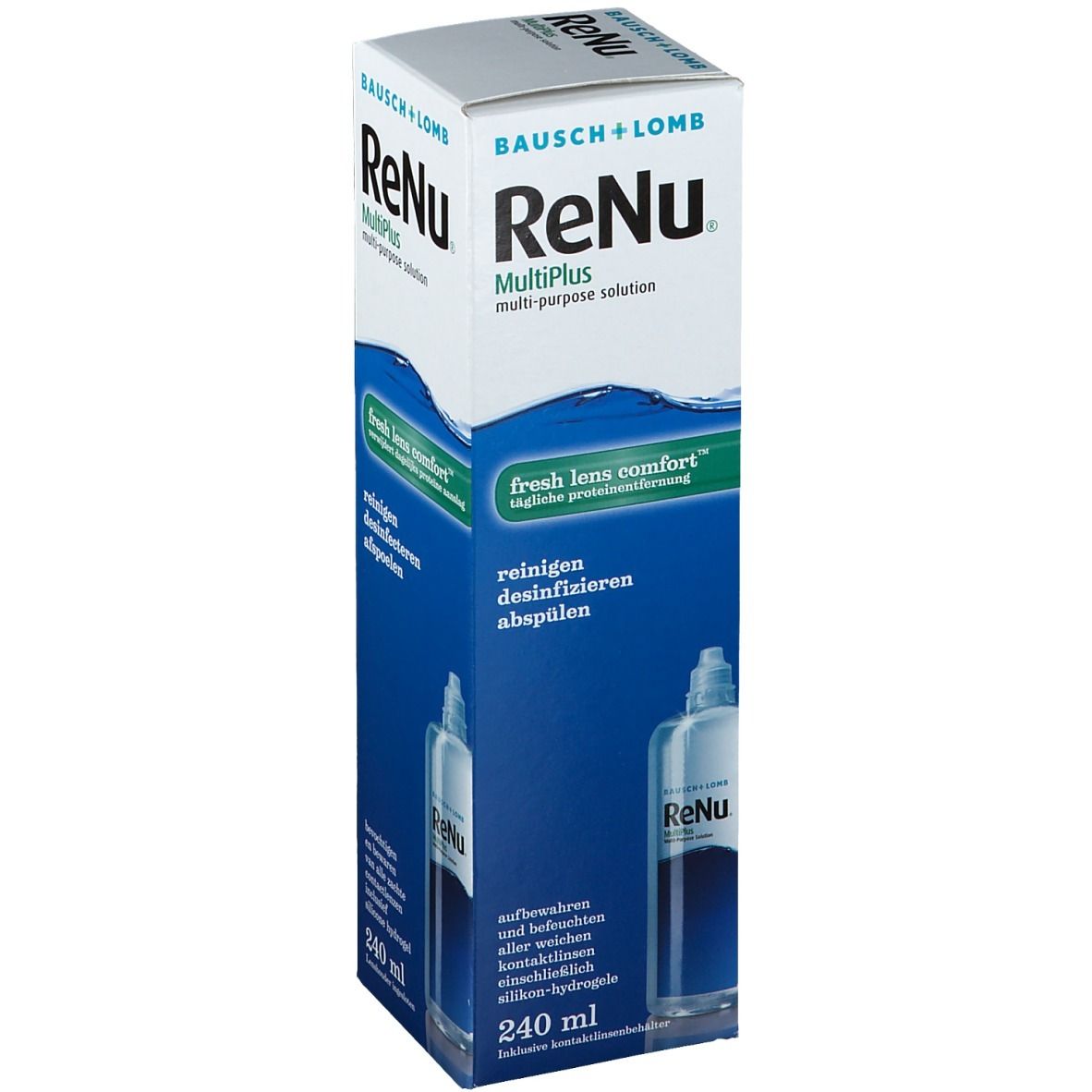 Boîte de Bausch + Lomb ReNu MultiPlus. Emballage bleu et blanc avec nom et informations du produit. 240 ml.