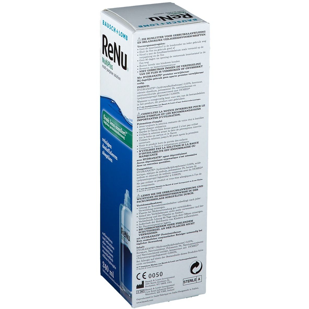 Dos de l'emballage de Bausch + Lomb ReNu MultiPlus. Texte multilingue. Marquage CE et symbole Stérile A.