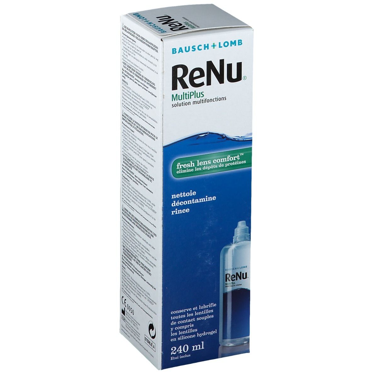 Boîte de Bausch + Lomb ReNu MultiPlus. Emballage bleu et blanc avec nom et informations du produit. 240 ml.
