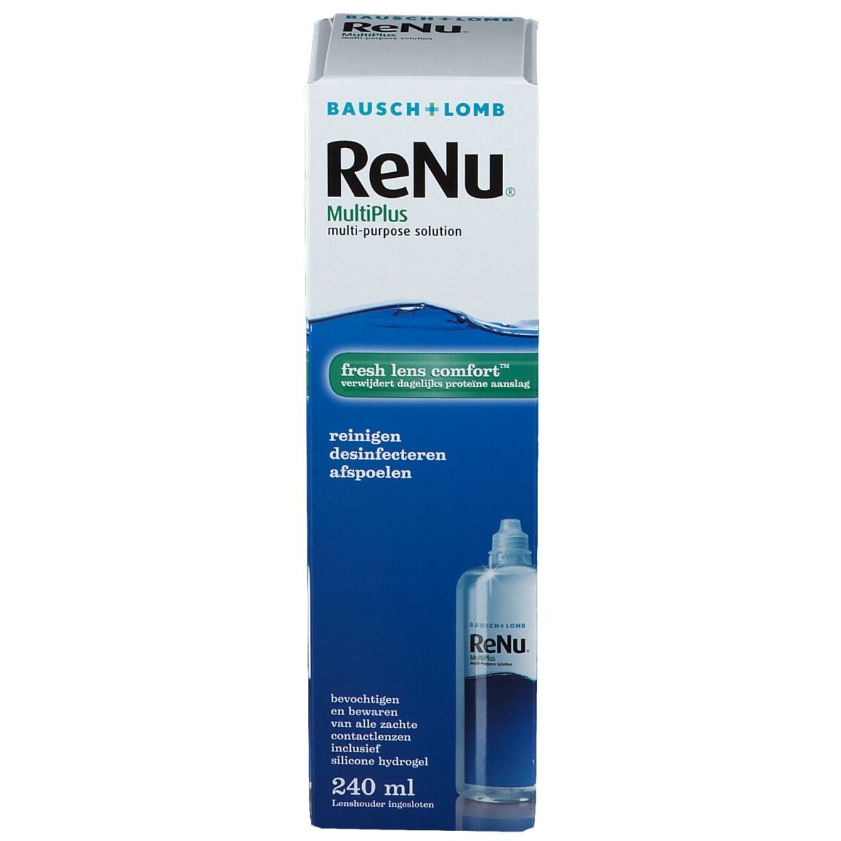 Boîte de Bausch + Lomb ReNu MultiPlus. Emballage bleu et blanc avec nom et informations du produit. 240 ml.