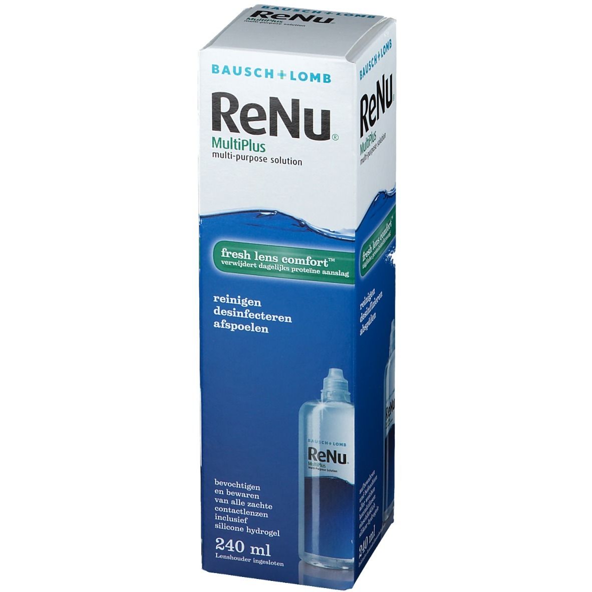 Boîte de Bausch + Lomb ReNu MultiPlus. Emballage bleu et blanc avec nom et informations du produit. 240 ml.