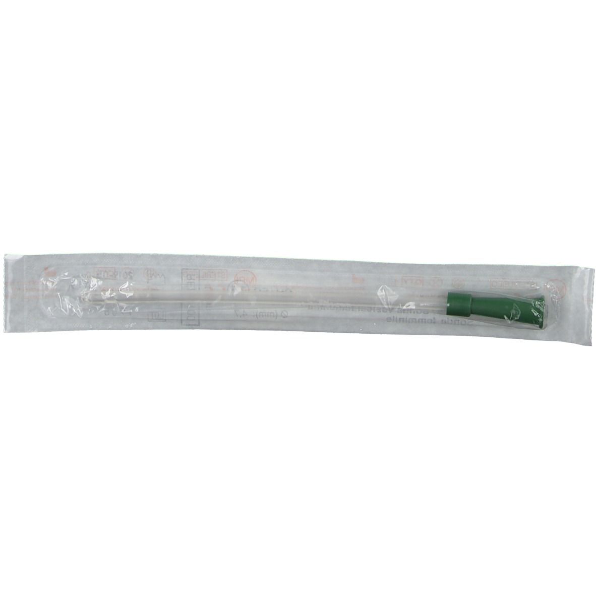 Enkele katheter verpakt in folie. De katheter heeft een groene connector.