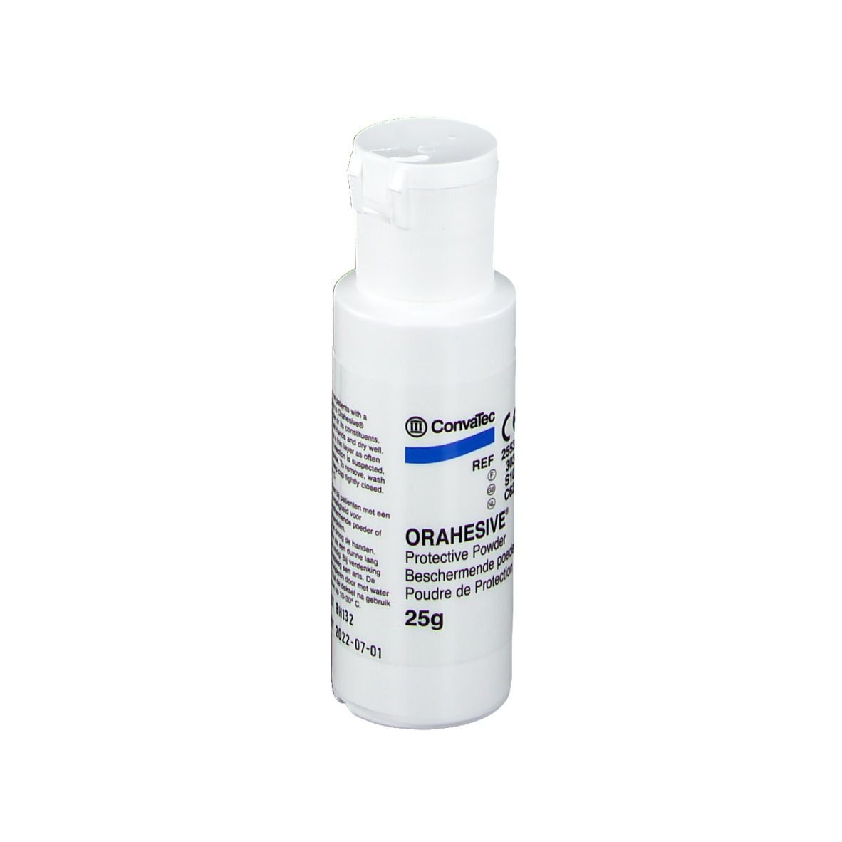Weiße Flasche Orahesive, Produktname und 25g-Gewichtsangabe. CE-Kennzeichnung.