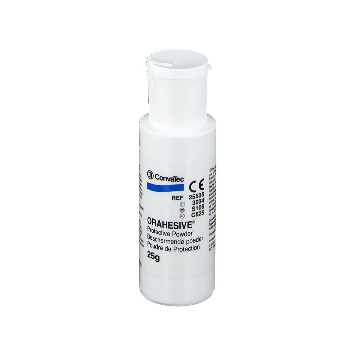 Weiße Flasche Orahesive, Produktname und 25g-Gewichtsangabe. CE-Kennzeichnung.