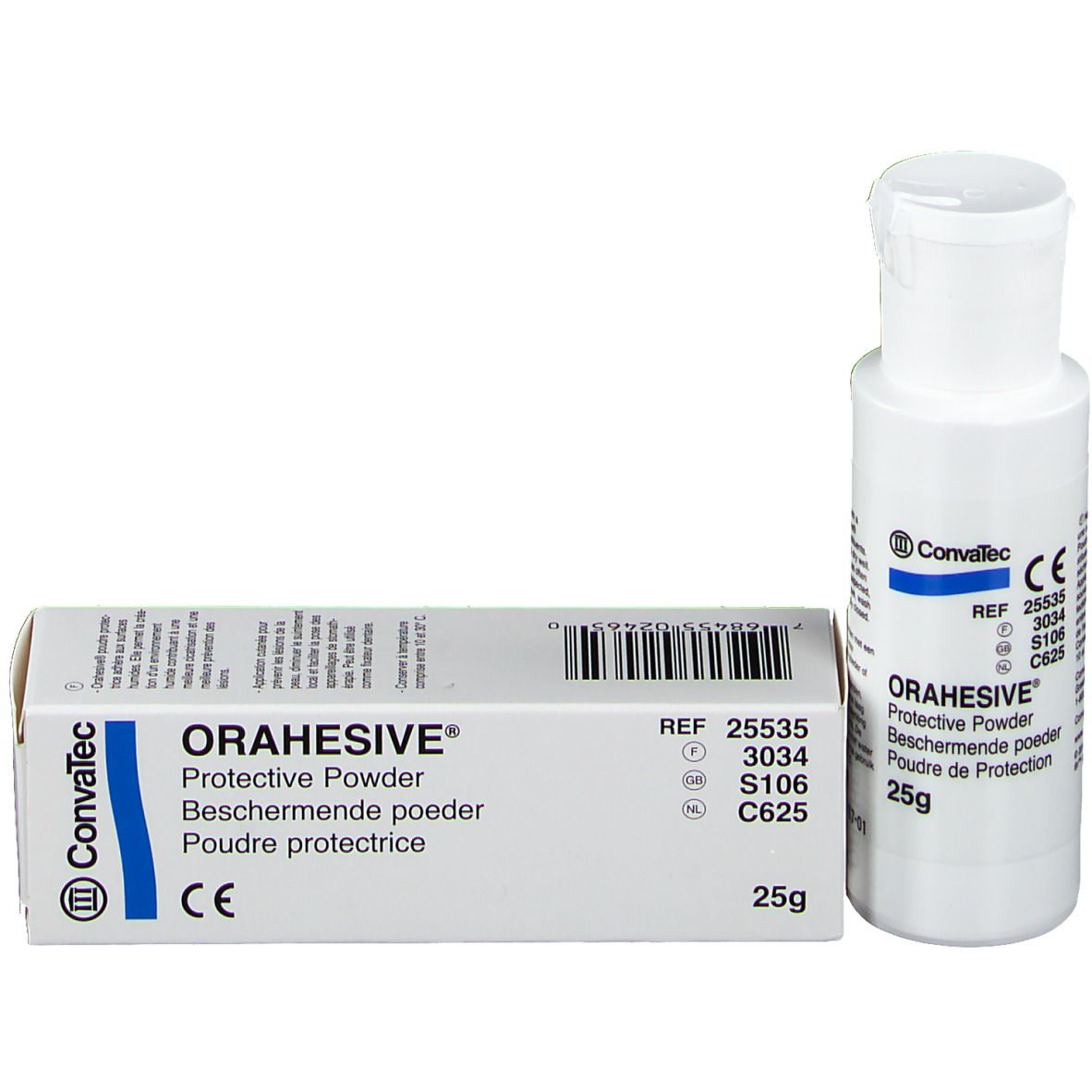 Orahesive-Pulverflasche und -Schachtel. Produktname, 25g. CE-Kennzeichnung.