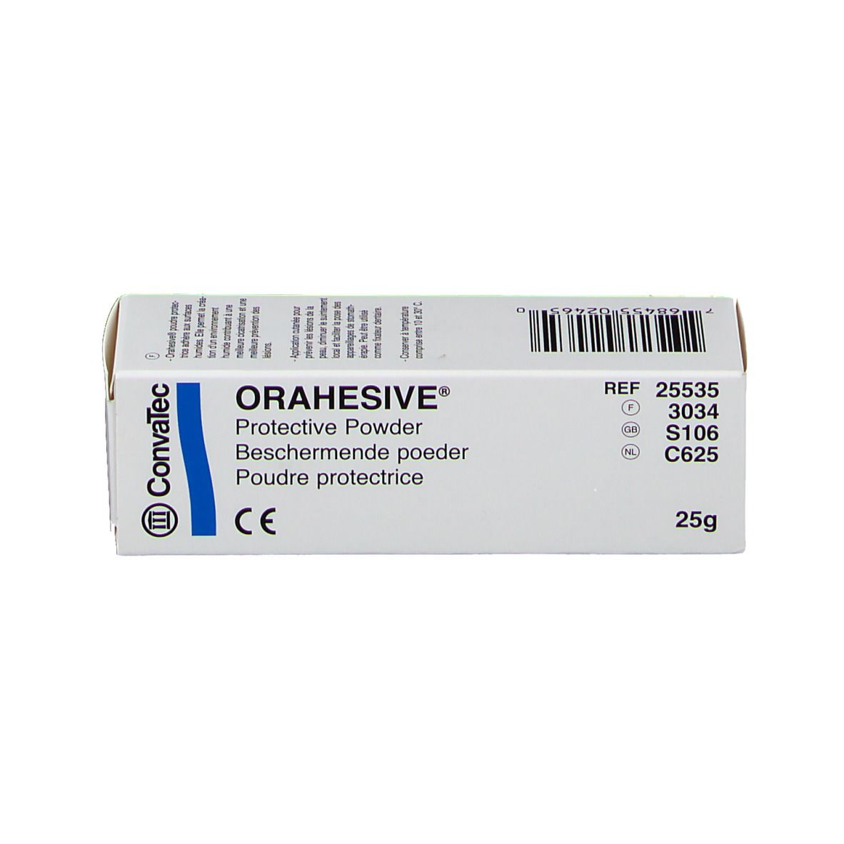 Orahesive-Schachtel. Produktname, 25g. CE-Kennzeichnung.