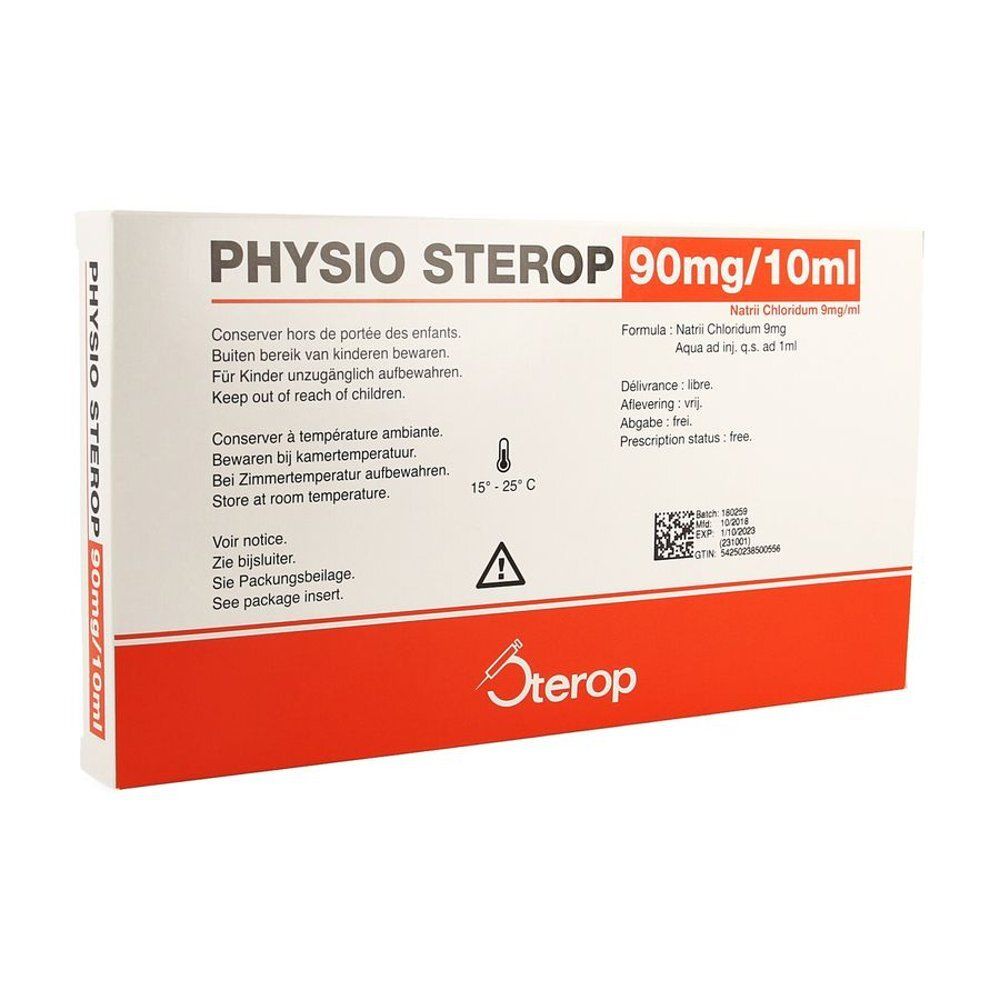 Boîte de Physio Sterop 90mg/10ml, 10 ampoules. Contient du chlorure de sodium.