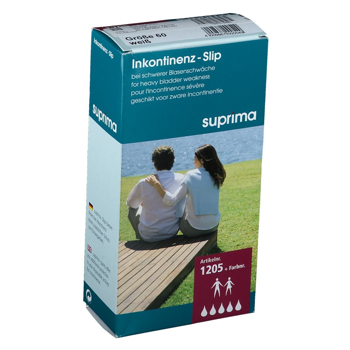 Boîte de slips d'incontinence Suprima, taille 60, blanc. Indiqué pour l'incontinence sévère. Numéro d'article 1205. Illustration d'un couple.