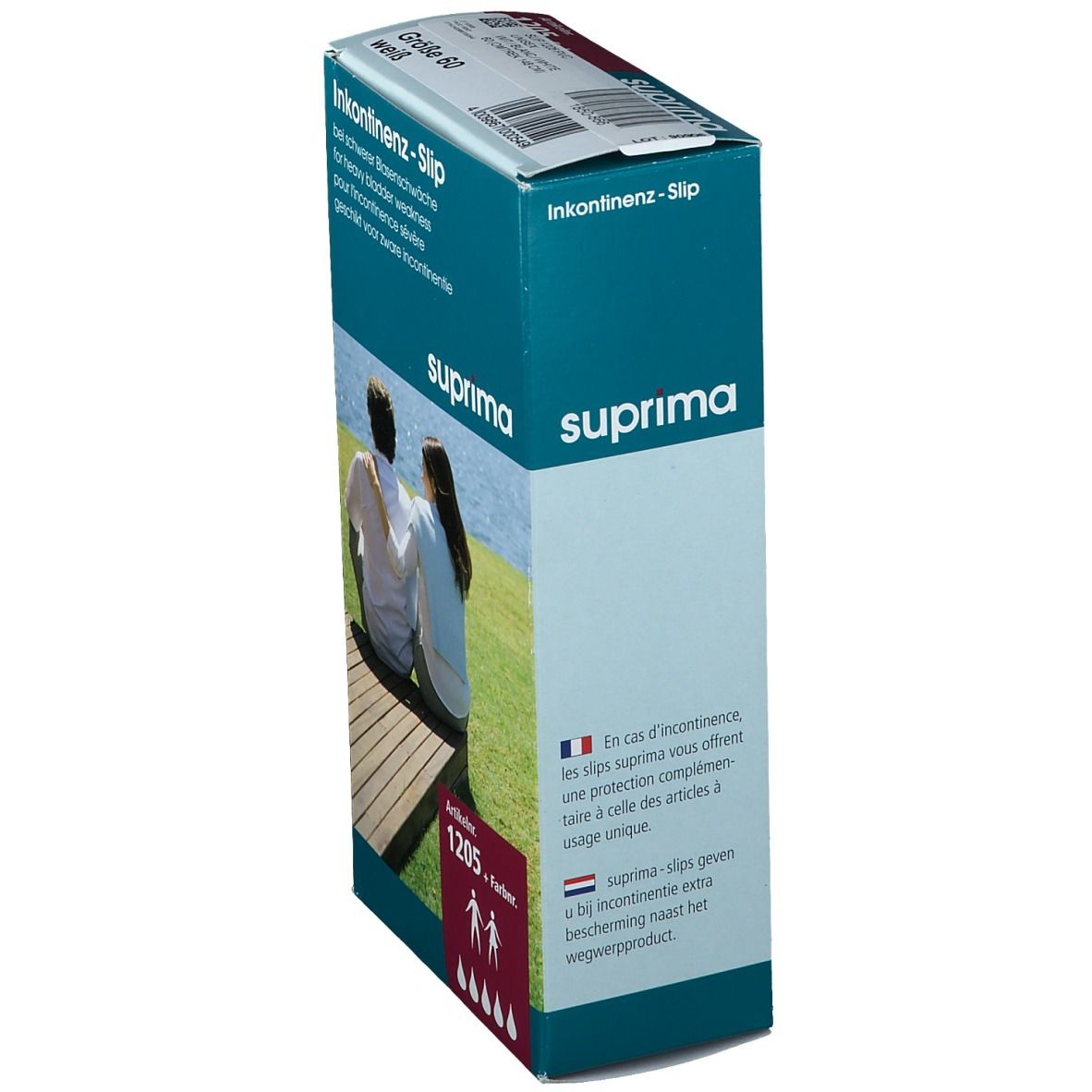 Boîte de slips d'incontinence Suprima, taille 60, blanc. Texte en allemand, français et néerlandais. Numéro d'article 1205.