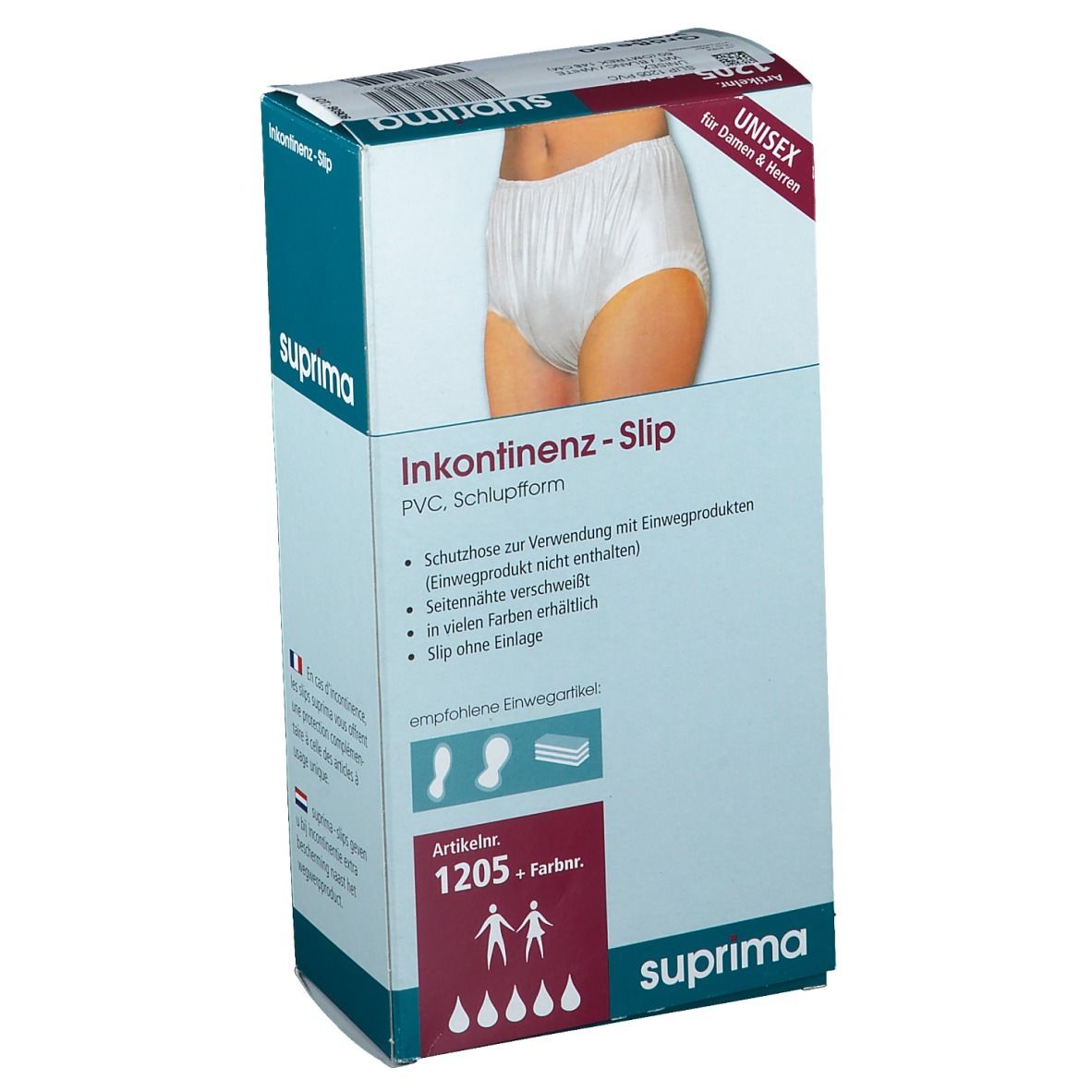 Boîte de slips d'incontinence Suprima, forme PVC. Unisexe. Image d'un slip blanc. Numéro d'article 1205. Pictogrammes.