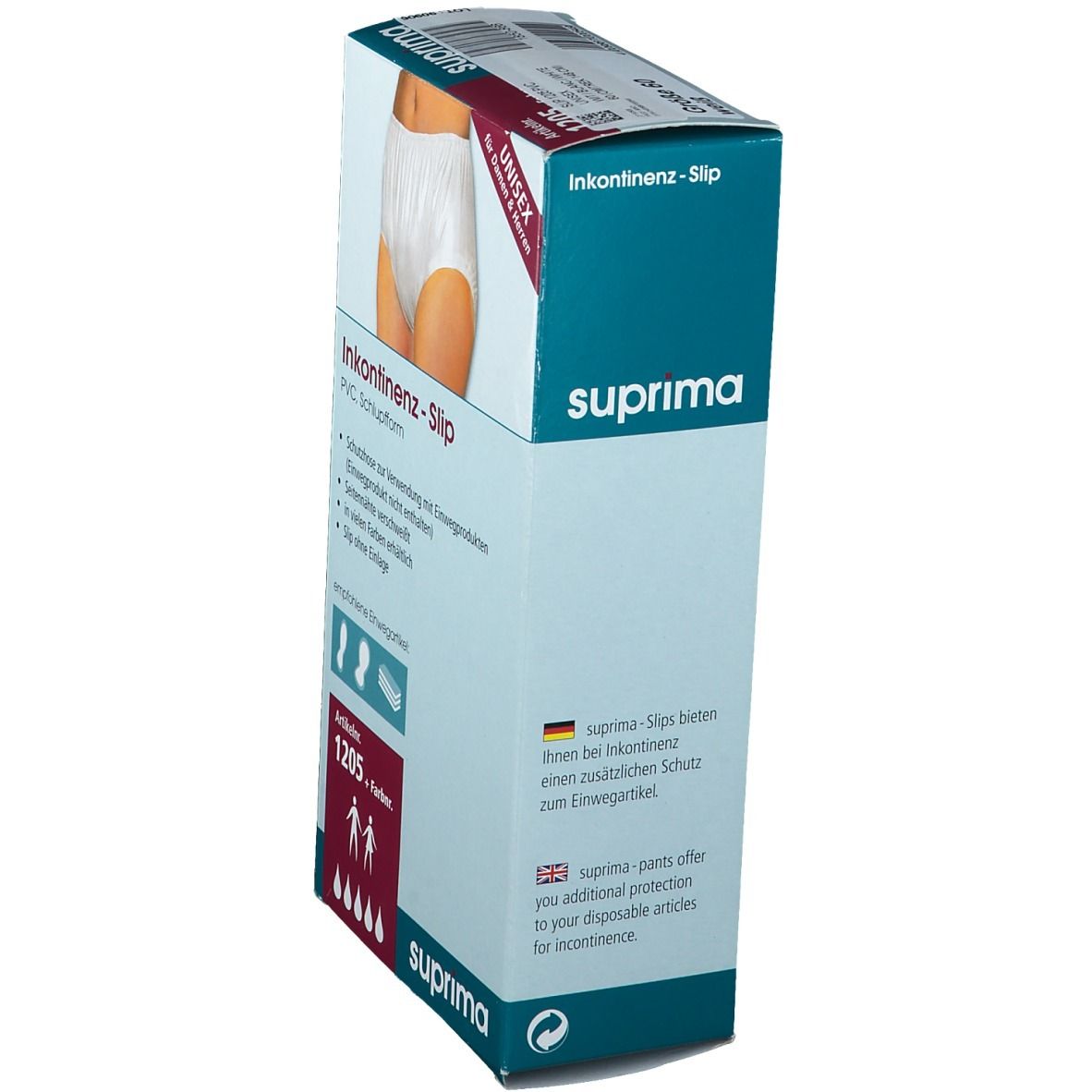 Boîte de slips d'incontinence Suprima, forme PVC. Unisexe. Texte en allemand, anglais, français et néerlandais. Numéro d'article 1205.